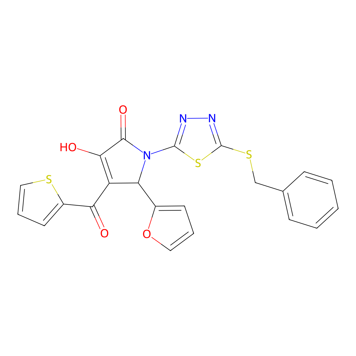 (4E)-1-[5-(benzylsulfanyl)-1,3,4-thiadiazol-2-yl]-5-(furan-2-yl)-4-[hydroxy(thiophen-2-yl)methylidene]pyrrolidine-2,3-dione molecular structure, CAS 847338-18-5