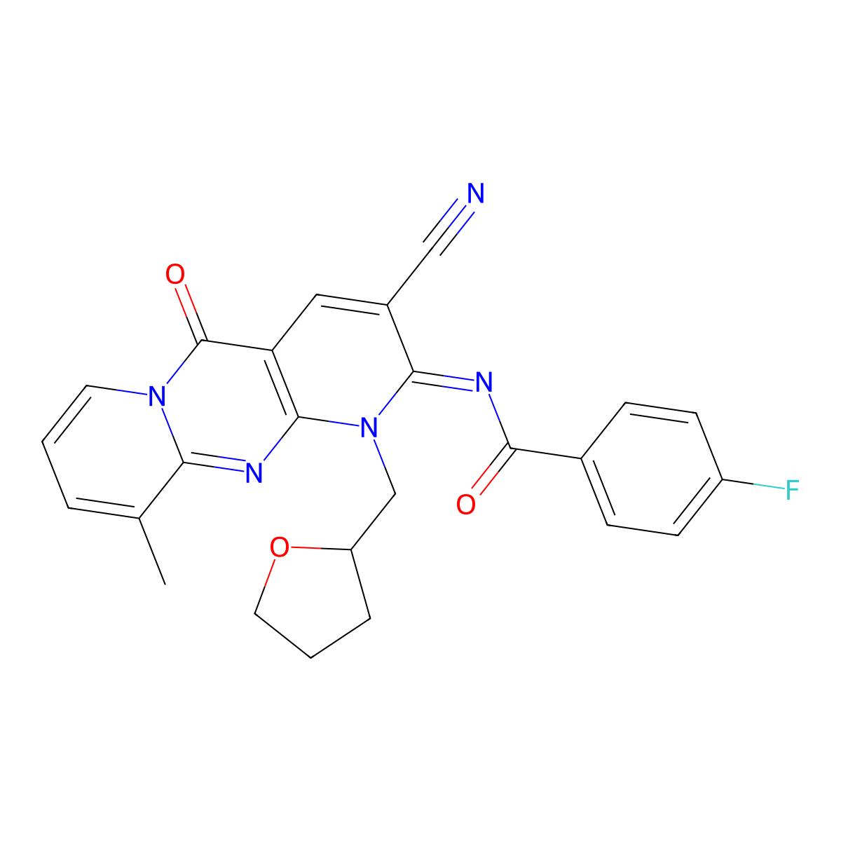 N-[3-cyano-10-methyl-5-oxo-1-(tetrahydro-2-furanylmethyl)-1,5-dihydro-2H-dipyrido[1,2-a:2,3-d]pyrimidin-2-ylidene]-4-fluorobenzamide molecular structure, CAS 847338-95-8