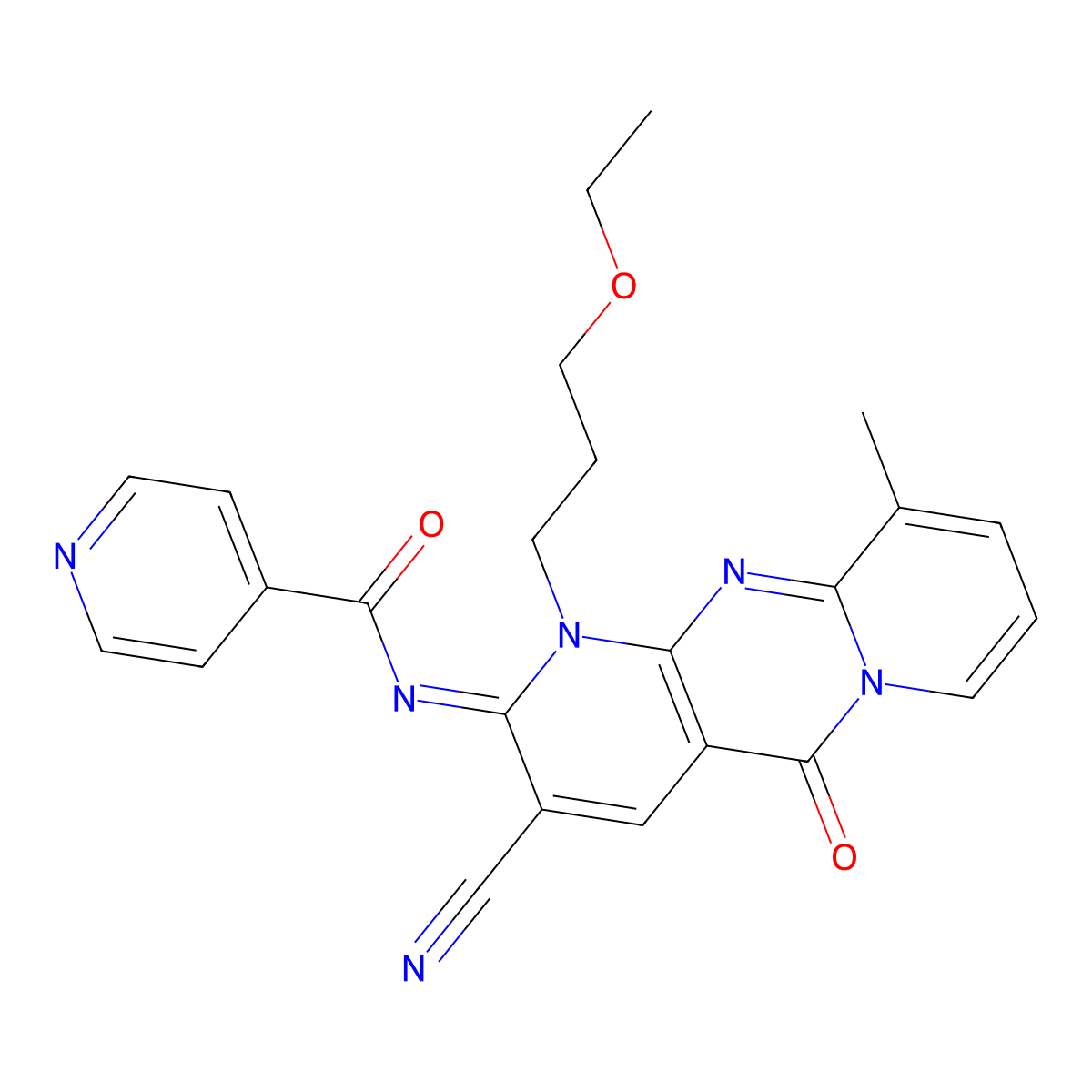 (E)-N-(3-cyano-1-(3-ethoxypropyl)-10-methyl-5-oxo-1H-dipyrido[1,2-a:2',3'-d]pyrimidin-2(5H)-ylidene)isonicotinamide molecular structure, CAS 847339-25-7