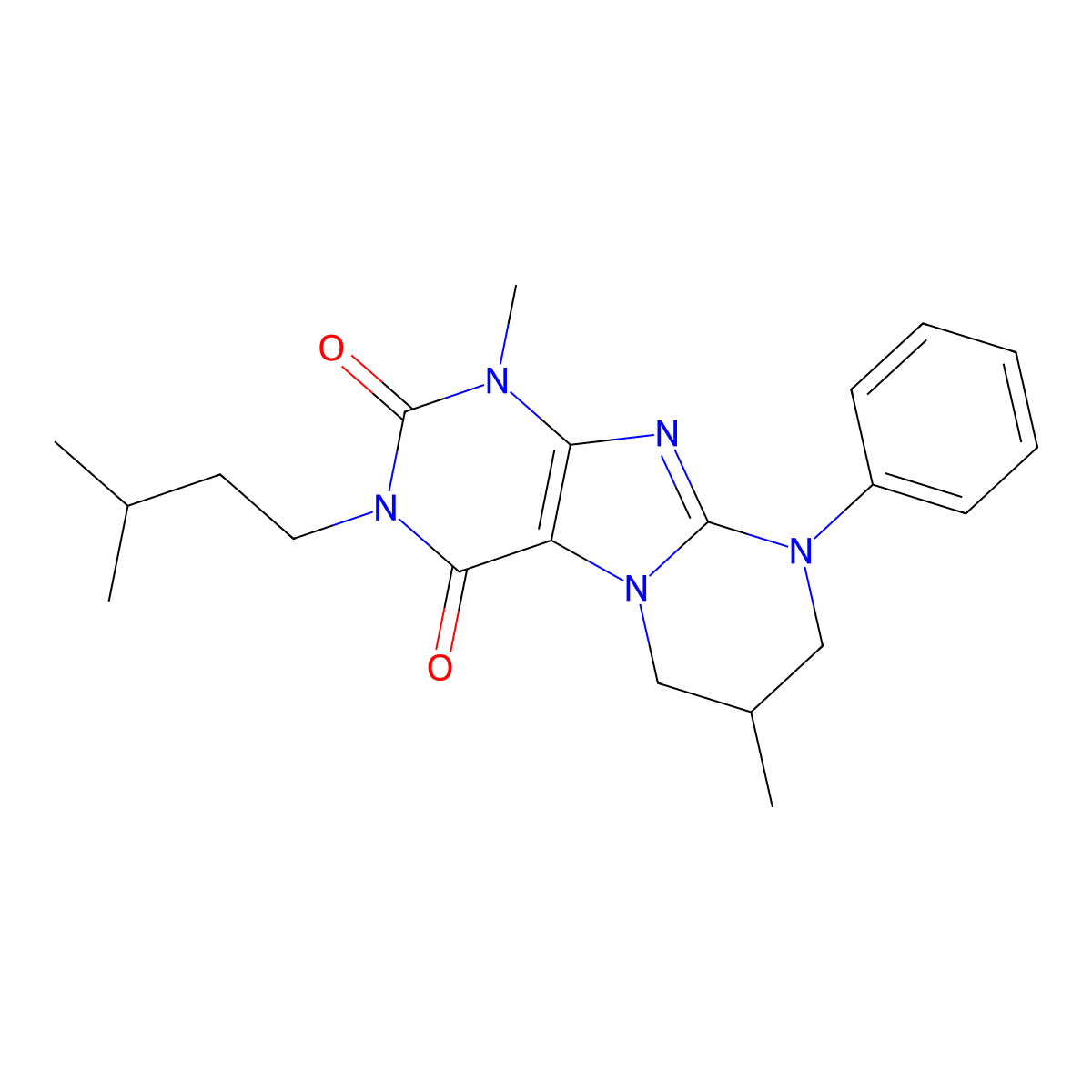 3-isopentyl-1,7-dimethyl-9-phenyl-6,7,8,9-tetrahydropyrimido[2,1-f]purine-2,4(1H,3H)-dione molecular structure, CAS 847339-58-6