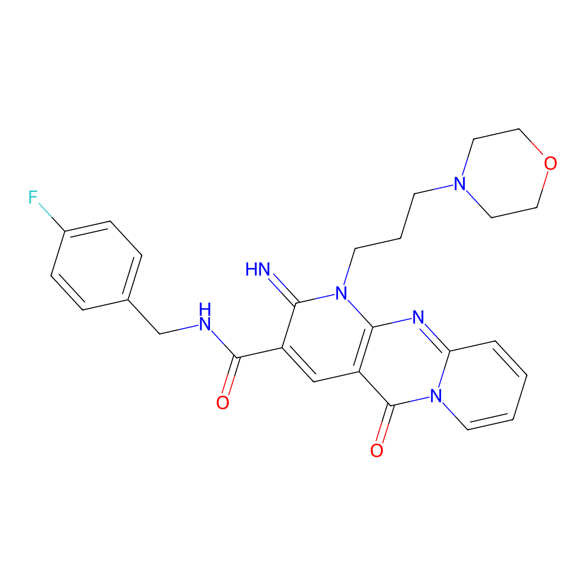 N-[(4-fluorophenyl)methyl]-6-imino-7-(3-morpholin-4-ylpropyl)-2-oxo-1,7,9-triazatricyclo[8.4.0.03,8]tetradeca-3(8),4,9,11,13-pentaene-5-carboxamide molecular structure, CAS 847339-78-0
