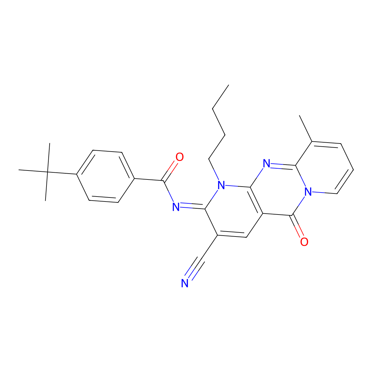 (E)-4-(tert-butyl)-N-(1-butyl-3-cyano-10-methyl-5-oxo-1H-dipyrido[1,2-a:2',3'-d]pyrimidin-2(5H)-ylidene)benzamide molecular structure, CAS 847339-92-8