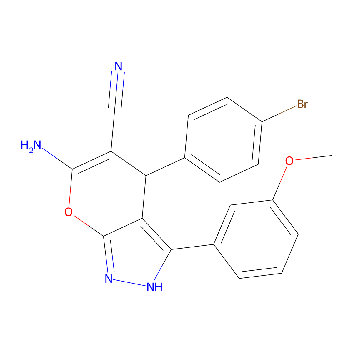 6-Amino-4-(4-bromophenyl)-3-(3-methoxyphenyl)-2,4-dihydropyrano[2,3-c]pyrazole-5-carbonitrile molecular structure, CAS 847365-67-7
