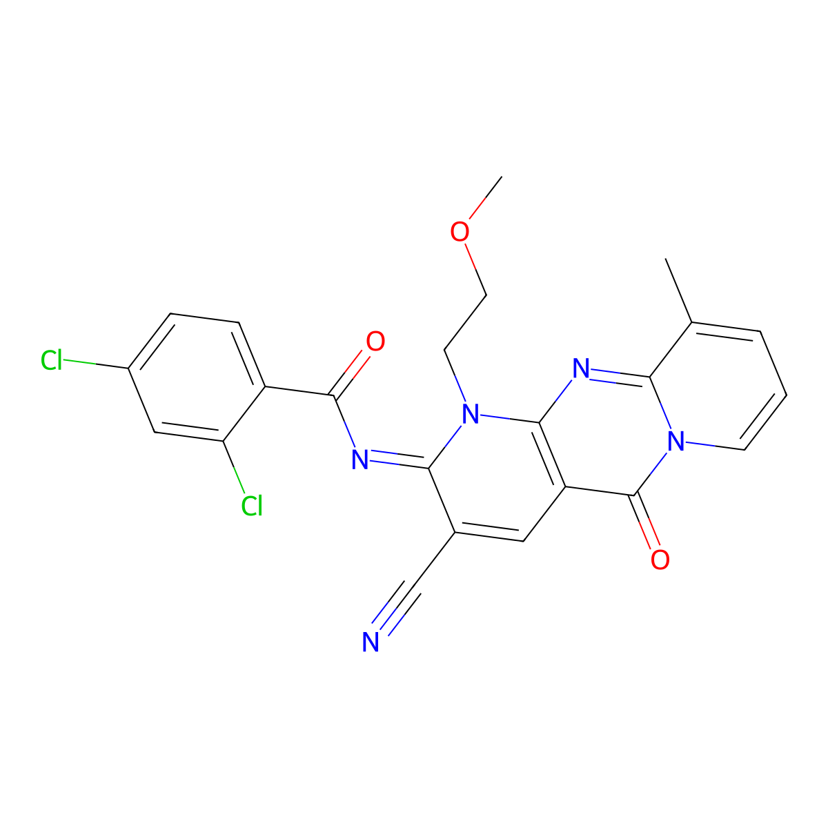 (E)-2,4-dichloro-N-(3-cyano-1-(2-methoxyethyl)-10-methyl-5-oxo-1H-dipyrido[1,2-a:2',3'-d]pyrimidin-2(5H)-ylidene)benzamide molecular structure, CAS 847365-86-0