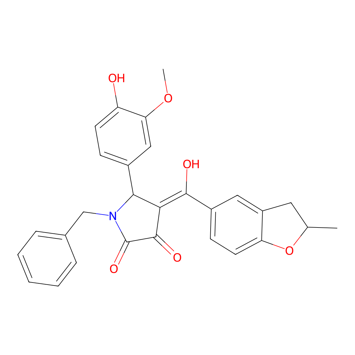1-benzyl-3-hydroxy-5-(4-hydroxy-3-methoxyphenyl)-4-(2-methyl-2,3-dihydro-1-benzofuran-5-carbonyl)-2,5-dihydro-1H-pyrrol-2-one molecular structure, CAS 847367-76-4