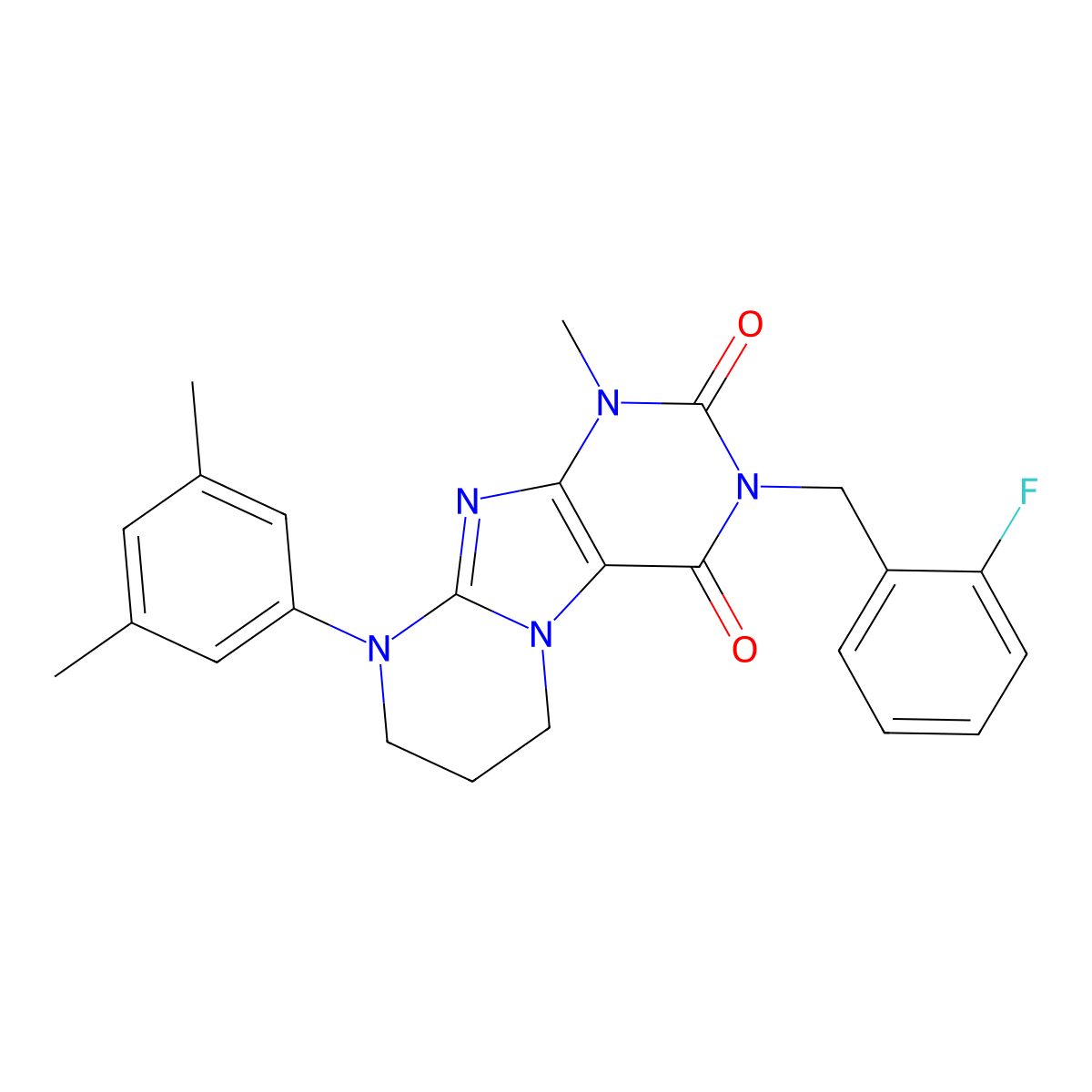 9-(3,5-dimethylphenyl)-3-(2-fluorobenzyl)-1-methyl-6,7,8,9-tetrahydropyrimido[2,1-f]purine-2,4(1H,3H)-dione molecular structure, CAS 847368-18-7