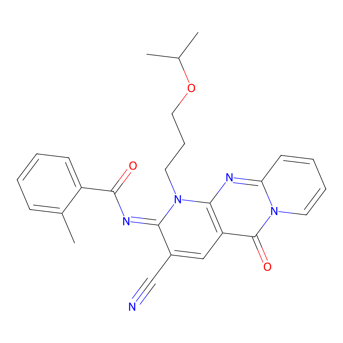 N-[3-cyano-1-(3-isopropoxypropyl)-5-oxo-1,5-dihydro-2H-dipyrido[1,2-a:2,3-d]pyrimidin-2-ylidene]-2-methylbenzamide molecular structure, CAS 847368-29-0