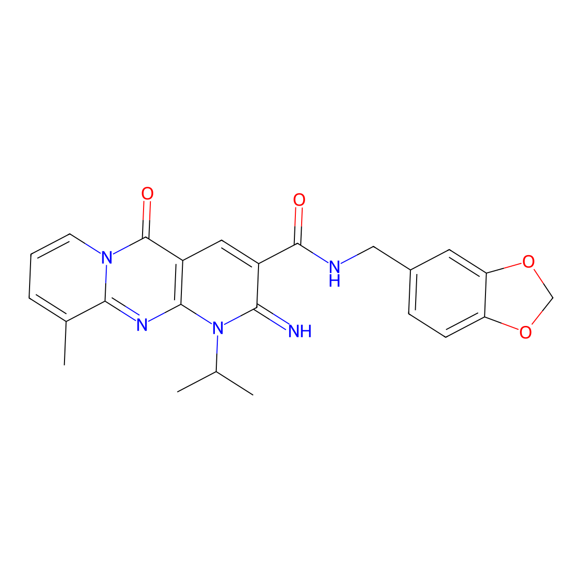 N~3~-(1,3-benzodioxol-5-ylmethyl)-2-imino-1-isopropyl-10-methyl-5-oxo-1,5-dihydro-2H-dipyrido[1,2-a:2,3-d]pyrimidine-3-carboxamide molecular structure, CAS 847376-21-0