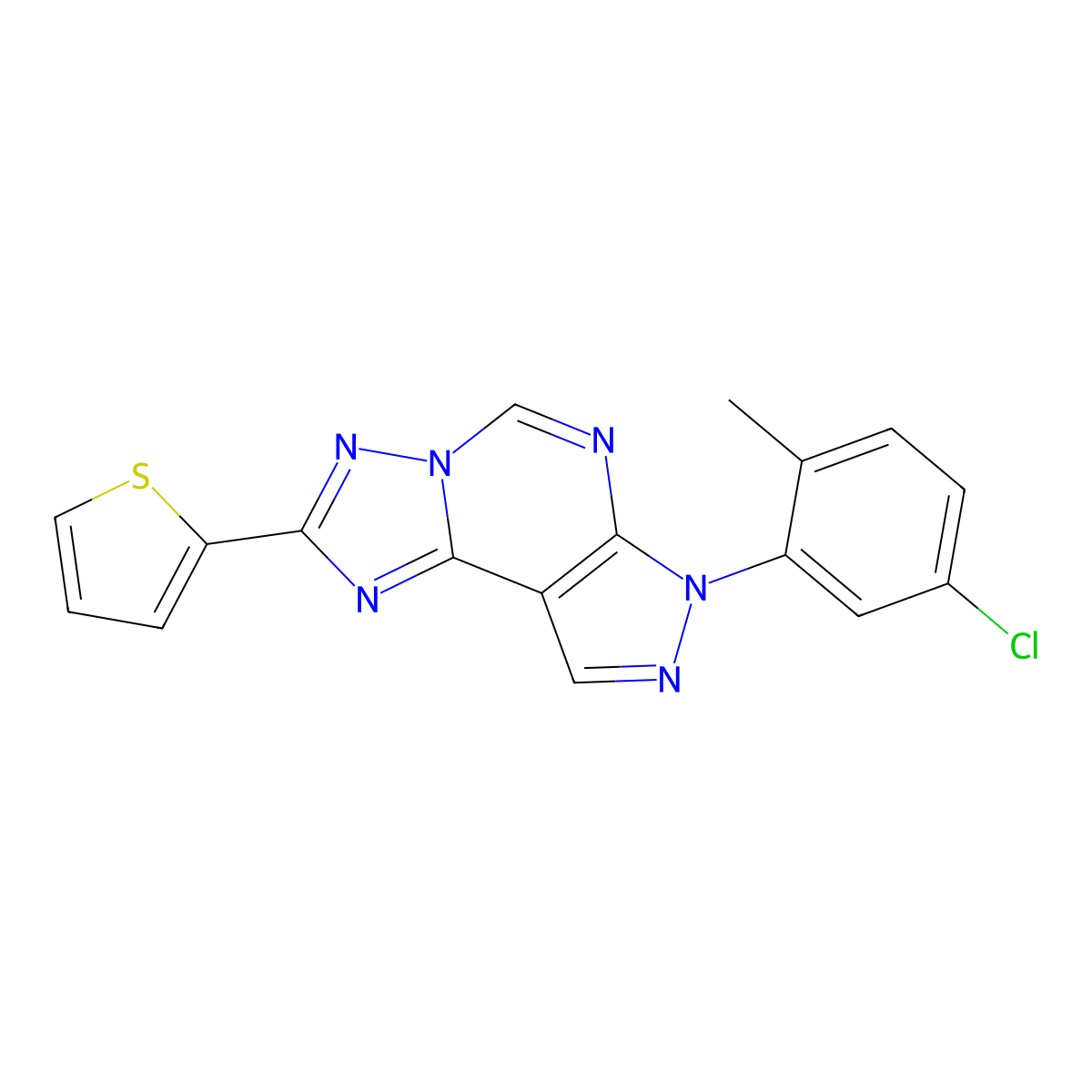 2-[3-(5-Chloro-2-methylphenyl)-6-hydropyrazolo[5,4-d]1,2,4-triazolo[1,5-e]pyri midin-8-yl]thiophene molecular structure, CAS 847376-41-4