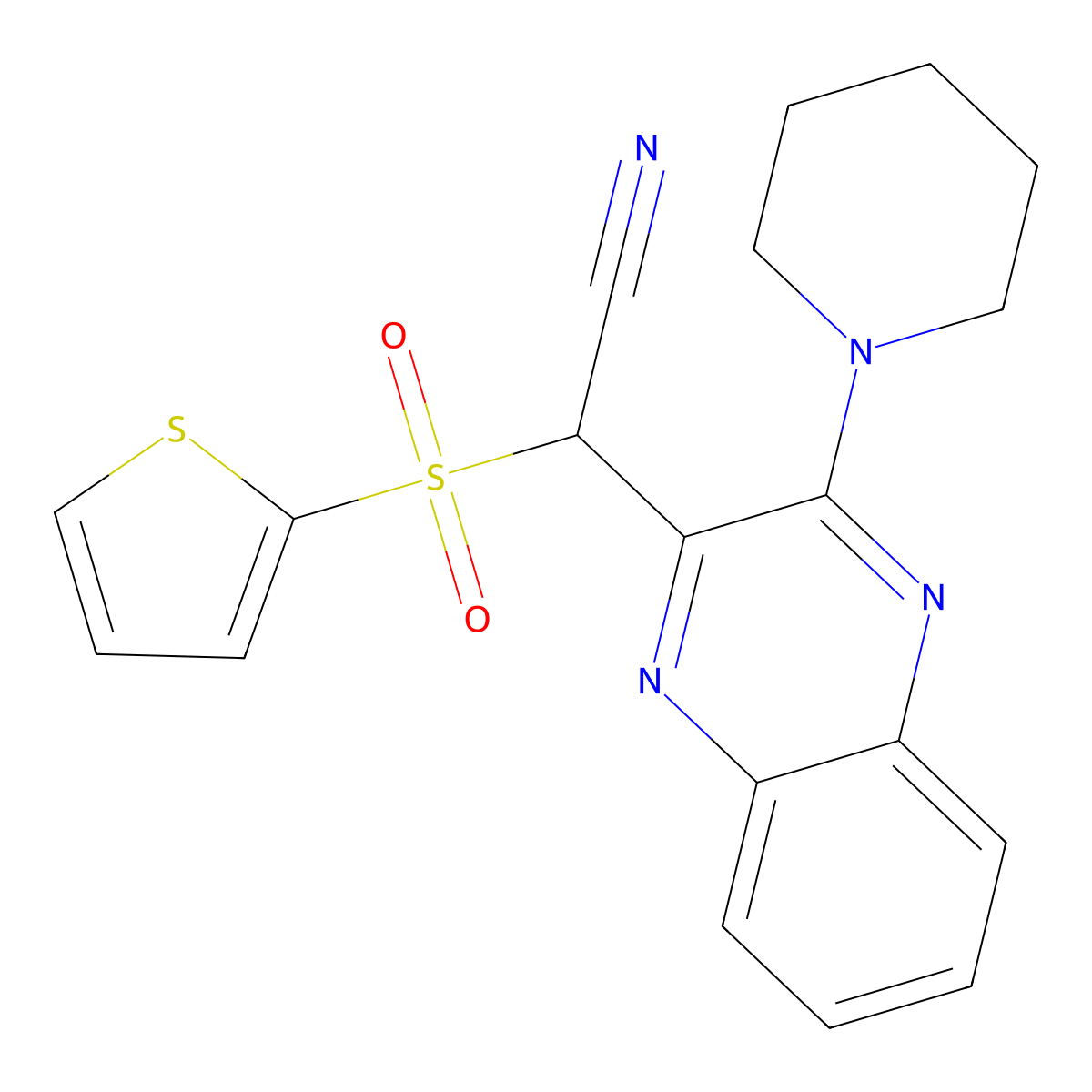 2-(3-(Piperidin-1-yl)quinoxalin-2-yl)-2-(thiophen-2-ylsulfonyl)acetonitrile molecular structure, CAS 847376-49-2