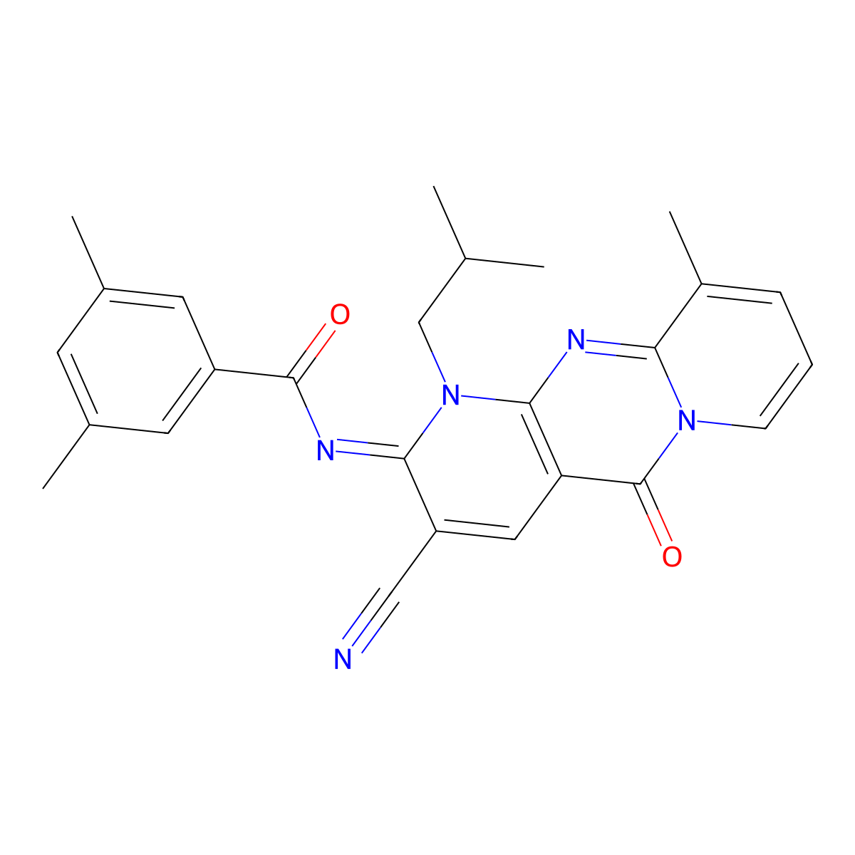 N-(3-cyano-1-isobutyl-10-methyl-5-oxo-1,5-dihydro-2H-dipyrido[1,2-a:2,3-d]pyrimidin-2-ylidene)-3,5-dimethylbenzamide molecular structure, CAS 847376-97-0