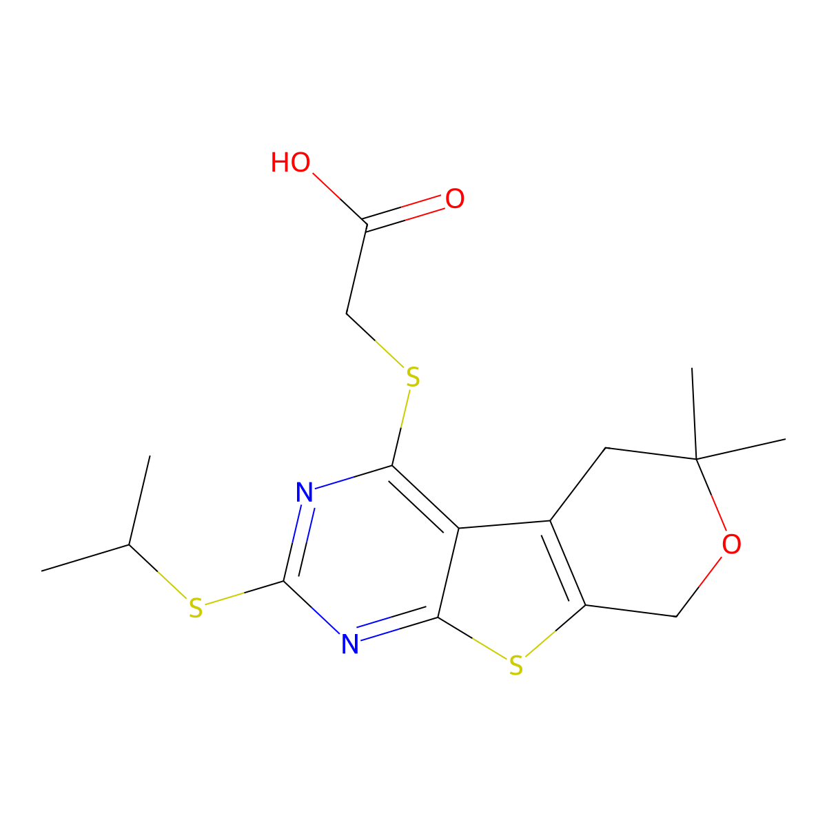 (2-Isopropylsulfanyl-6,6-dimethyl-5,8-dihydro-6H-pyrano[4',3':4,5]thieno[2,3-d]pyrimidin-4-ylsulfanyl)-ac etic acid molecular structure, CAS 847377-72-4