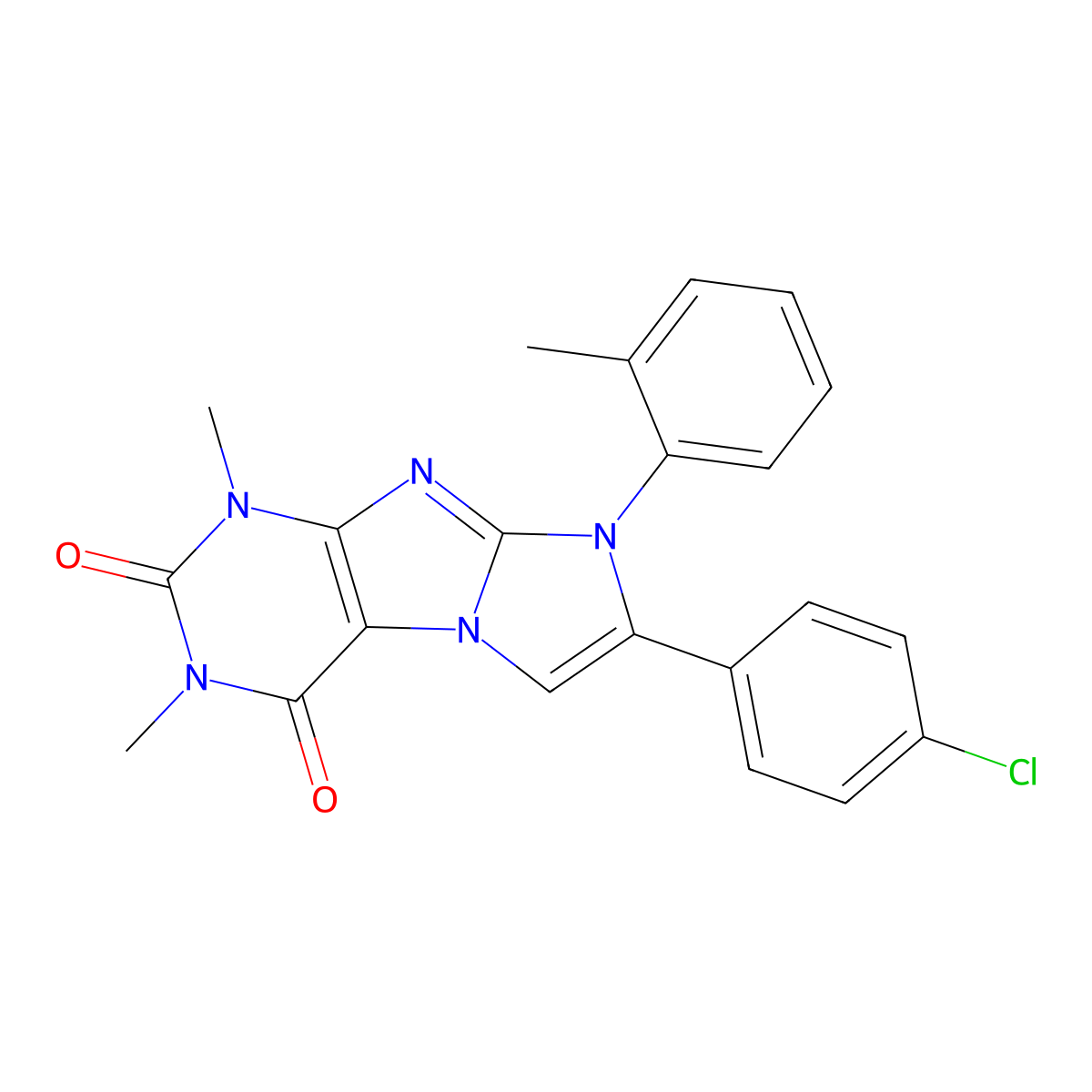 7-(4-chlorophenyl)-1,3-dimethyl-8-(o-tolyl)-1H-imidazo[2,1-f]purine-2,4(3H,8H)-dione molecular structure, CAS 847378-44-3