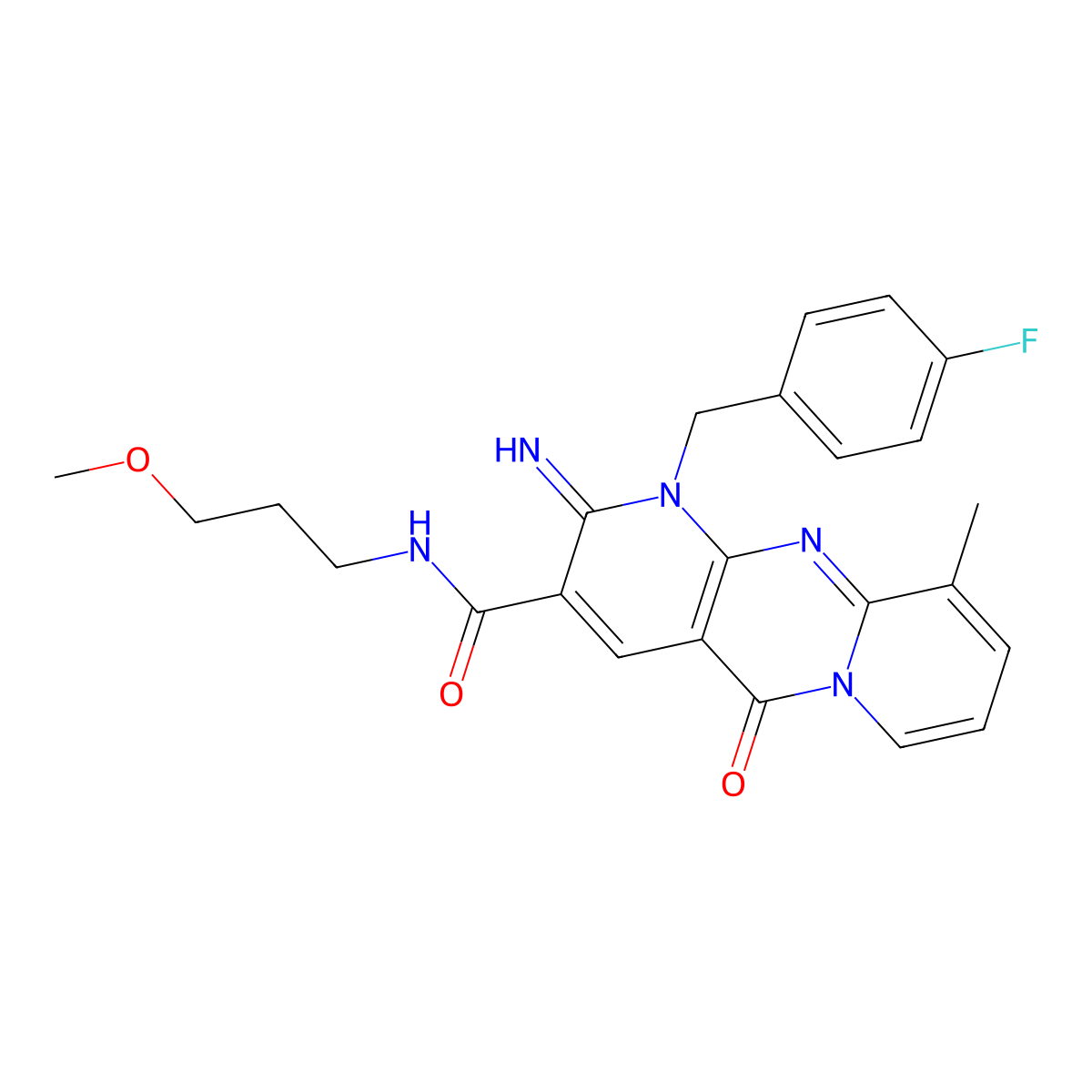 {1-[(4-fluorophenyl)methyl]-2-imino-10-methyl-5-oxo(1,6-dihydropyridino[2,3-d] pyridino[1,2-a]pyrimidin-3-yl)}-N-(3-methoxypropyl)carboxamide molecular structure, CAS 847379-11-7