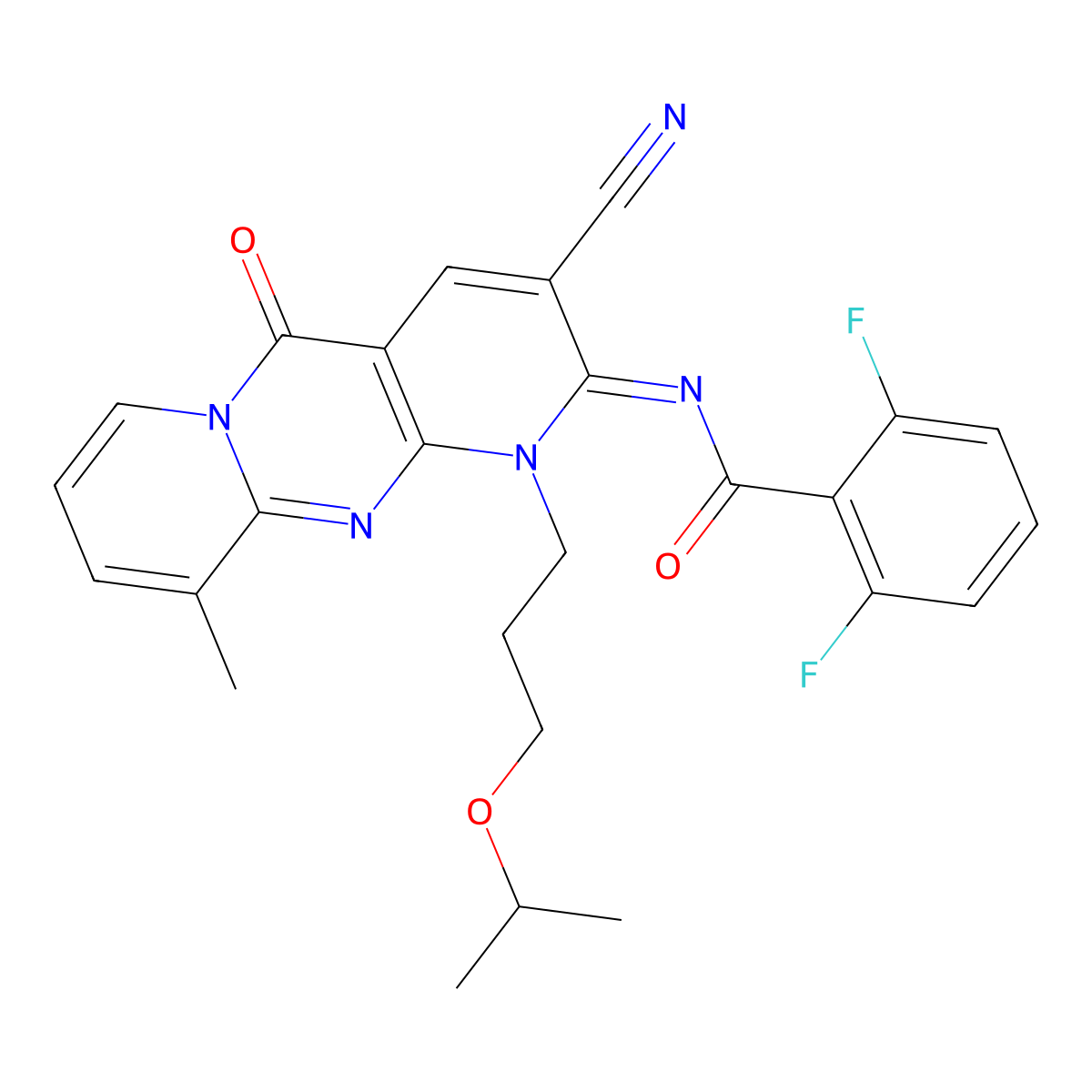 (E)-N-(3-cyano-1-(3-isopropoxypropyl)-10-methyl-5-oxo-1H-dipyrido[1,2-a:2',3'-d]pyrimidin-2(5H)-ylidene)-2,6-difluorobenzamide molecular structure, CAS 847379-55-9