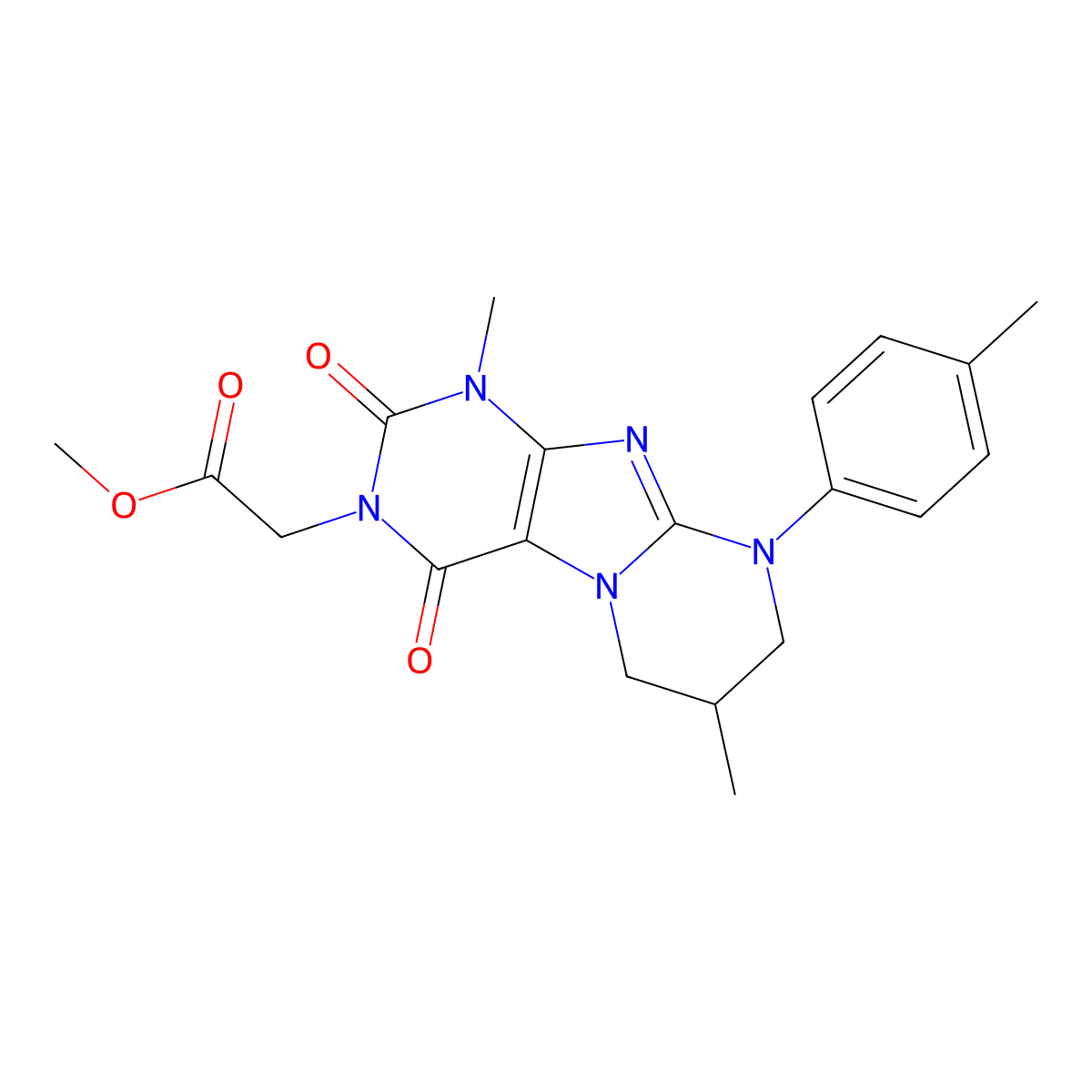 methyl 2-(1,7-dimethyl-2,4-dioxo-9-(p-tolyl)-1,2,6,7,8,9-hexahydropyrimido[2,1-f]purin-3(4H)-yl)acetate molecular structure, CAS 847379-93-5