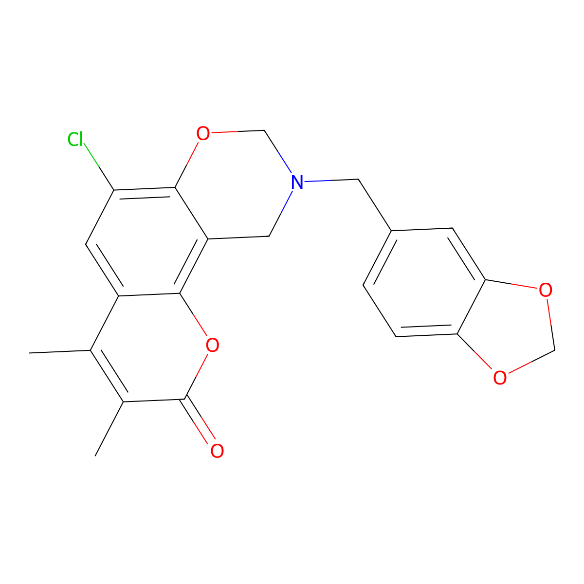 9-(1,3-benzodioxol-5-ylmethyl)-6-chloro-3,4-dimethyl-9,10-dihydro-2H,8H-chromeno[8,7-e][1,3]oxazin-2-one molecular structure, CAS 847380-21-6