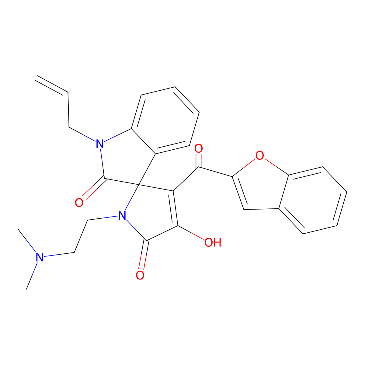 3'-(1-benzofuran-2-ylcarbonyl)-1'-[2-(dimethylamino)ethyl]-4'-hydroxy-1-(prop-2-en-1-yl)spiro[indole-3,2'-pyrrole]-2,5'(1H,1'H)-dione molecular structure, CAS 847380-42-1