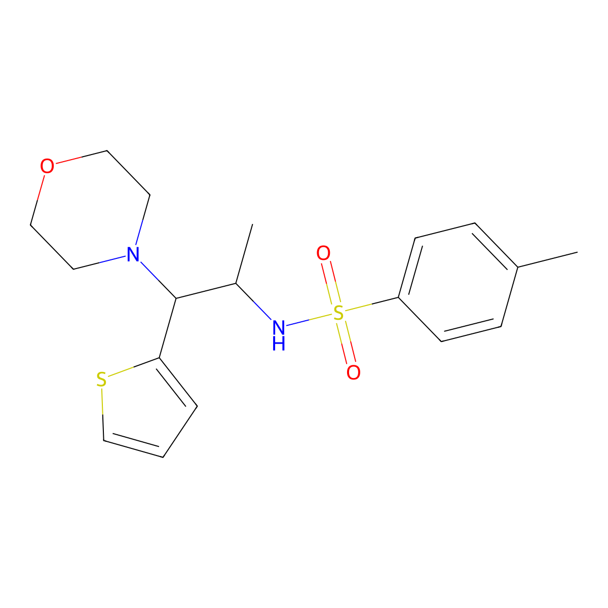 4-methyl-N-(1-morpholino-1-(thiophen-2-yl)propan-2-yl)benzenesulfonamide molecular structure, CAS 847380-97-6