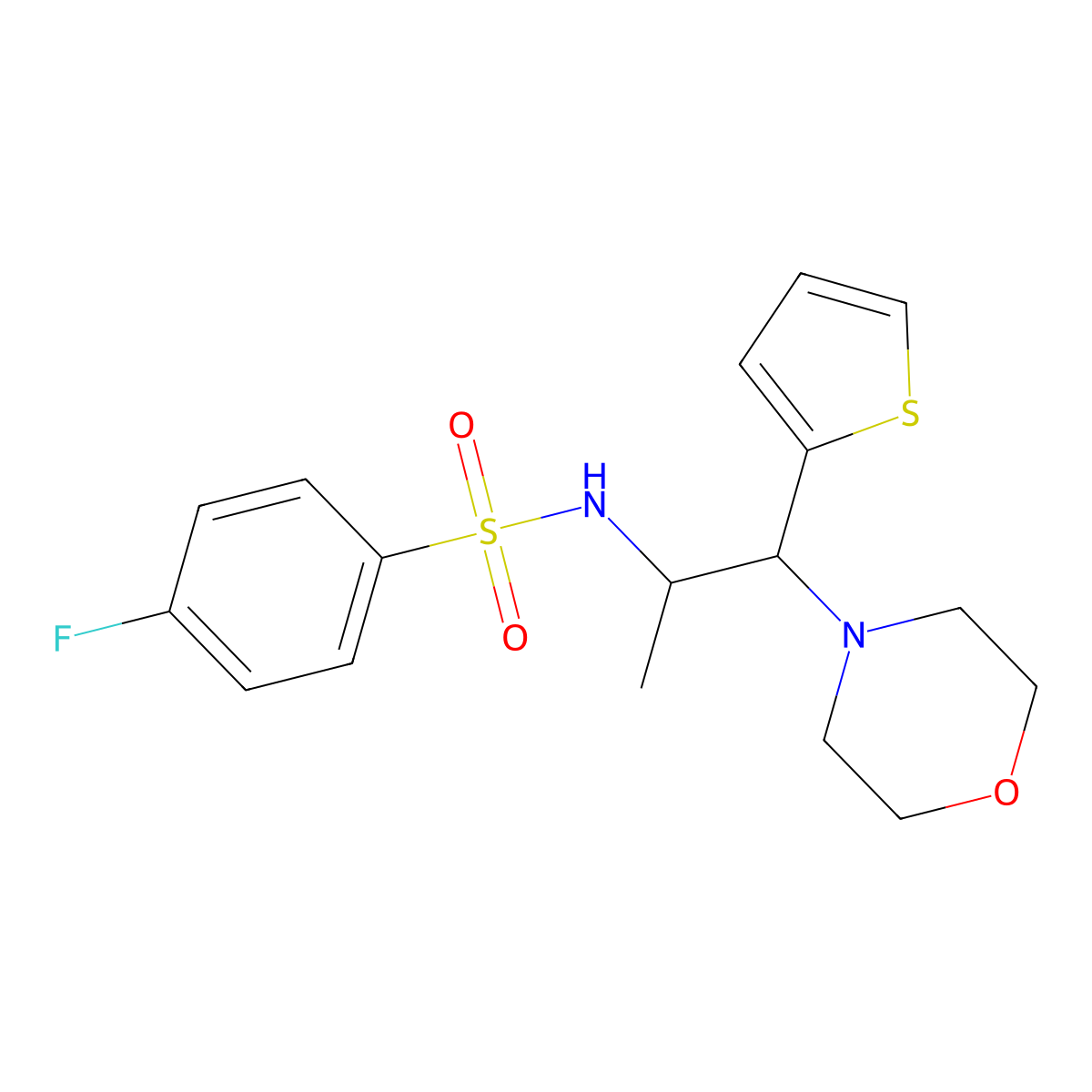 4-fluoro-N-(1-morpholino-1-(thiophen-2-yl)propan-2-yl)benzenesulfonamide molecular structure, CAS 847381-00-4
