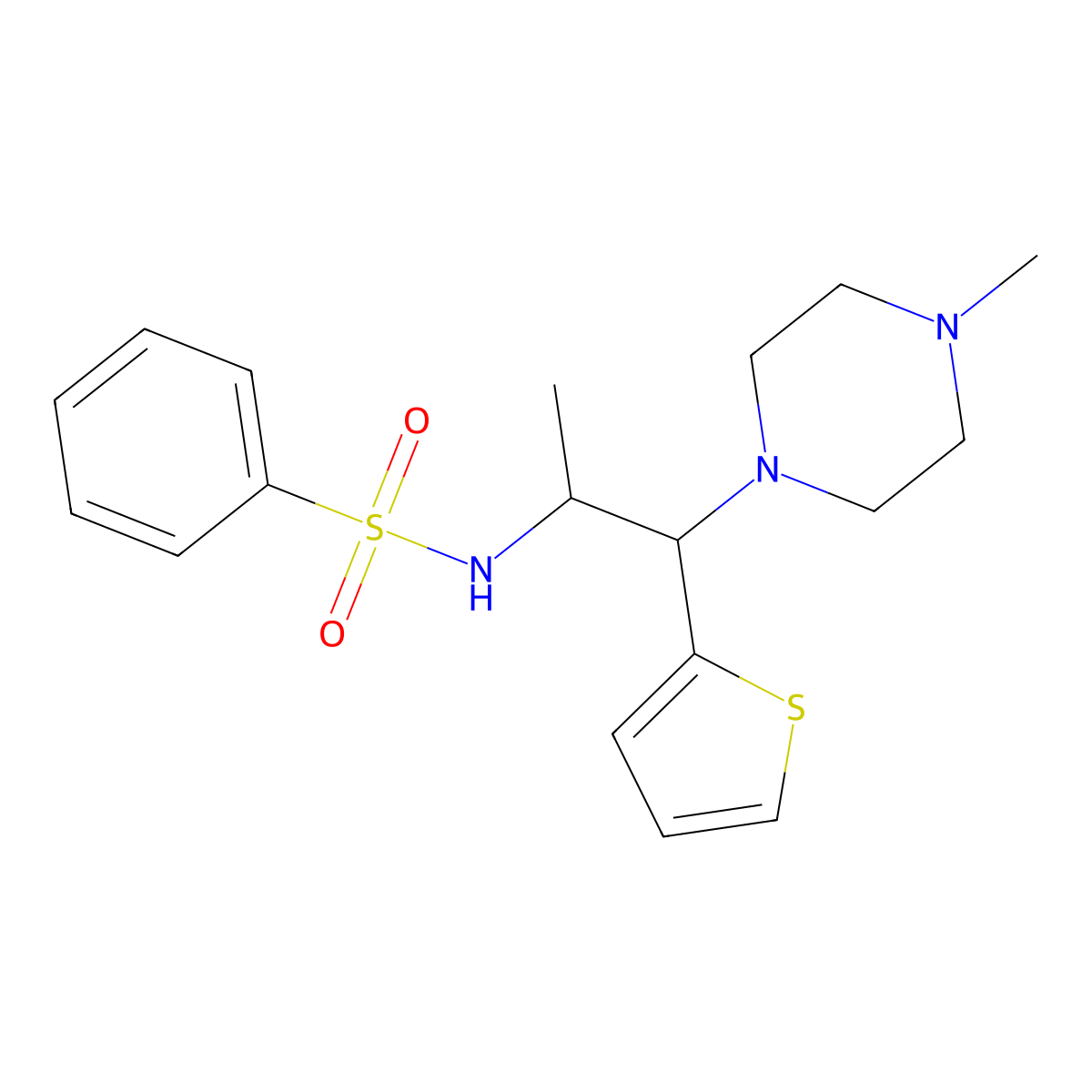 N-(1-(4-methylpiperazin-1-yl)-1-(thiophen-2-yl)propan-2-yl)benzenesulfonamide molecular structure, CAS 847381-04-8