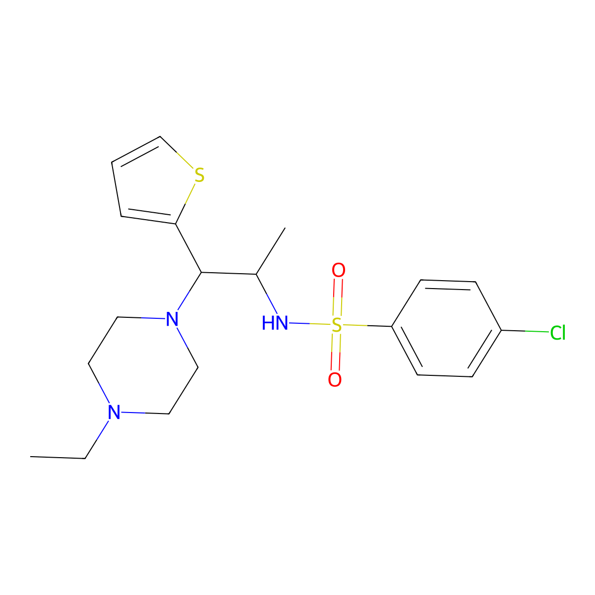 4-chloro-N-(1-(4-ethylpiperazin-1-yl)-1-(thiophen-2-yl)propan-2-yl)benzenesulfonamide molecular structure, CAS 847381-14-0