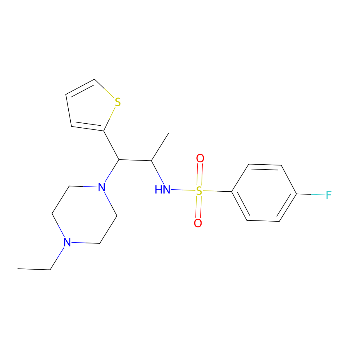 N-(1-(4-ethylpiperazin-1-yl)-1-(thiophen-2-yl)propan-2-yl)-4-fluorobenzenesulfonamide molecular structure, CAS 847381-16-2
