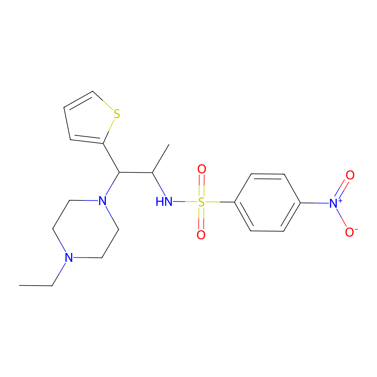 N-(1-(4-ethylpiperazin-1-yl)-1-(thiophen-2-yl)propan-2-yl)-4-nitrobenzenesulfonamide molecular structure, CAS 847381-17-3