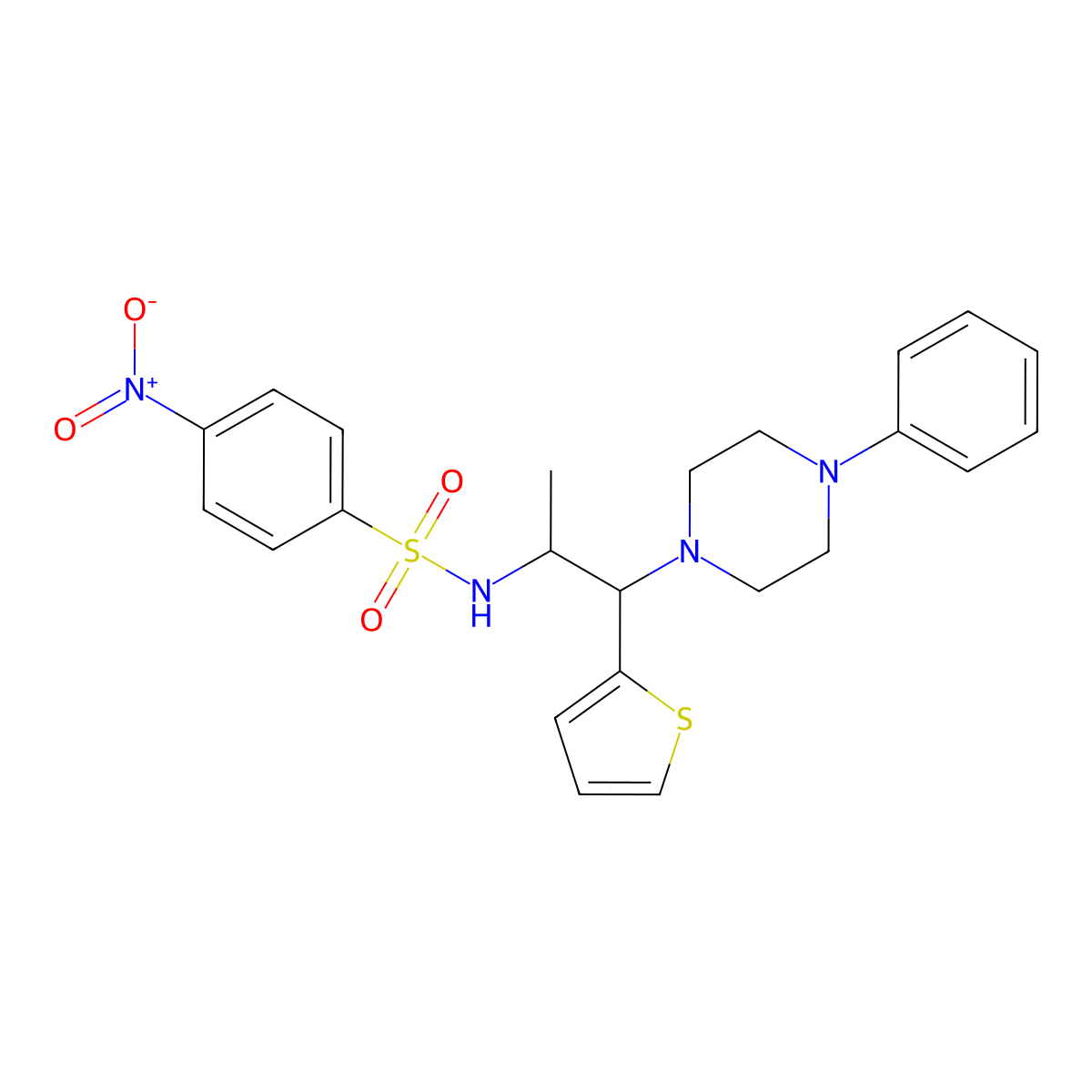 4-nitro-N-(1-(4-phenylpiperazin-1-yl)-1-(thiophen-2-yl)propan-2-yl)benzenesulfonamide molecular structure, CAS 847381-25-3