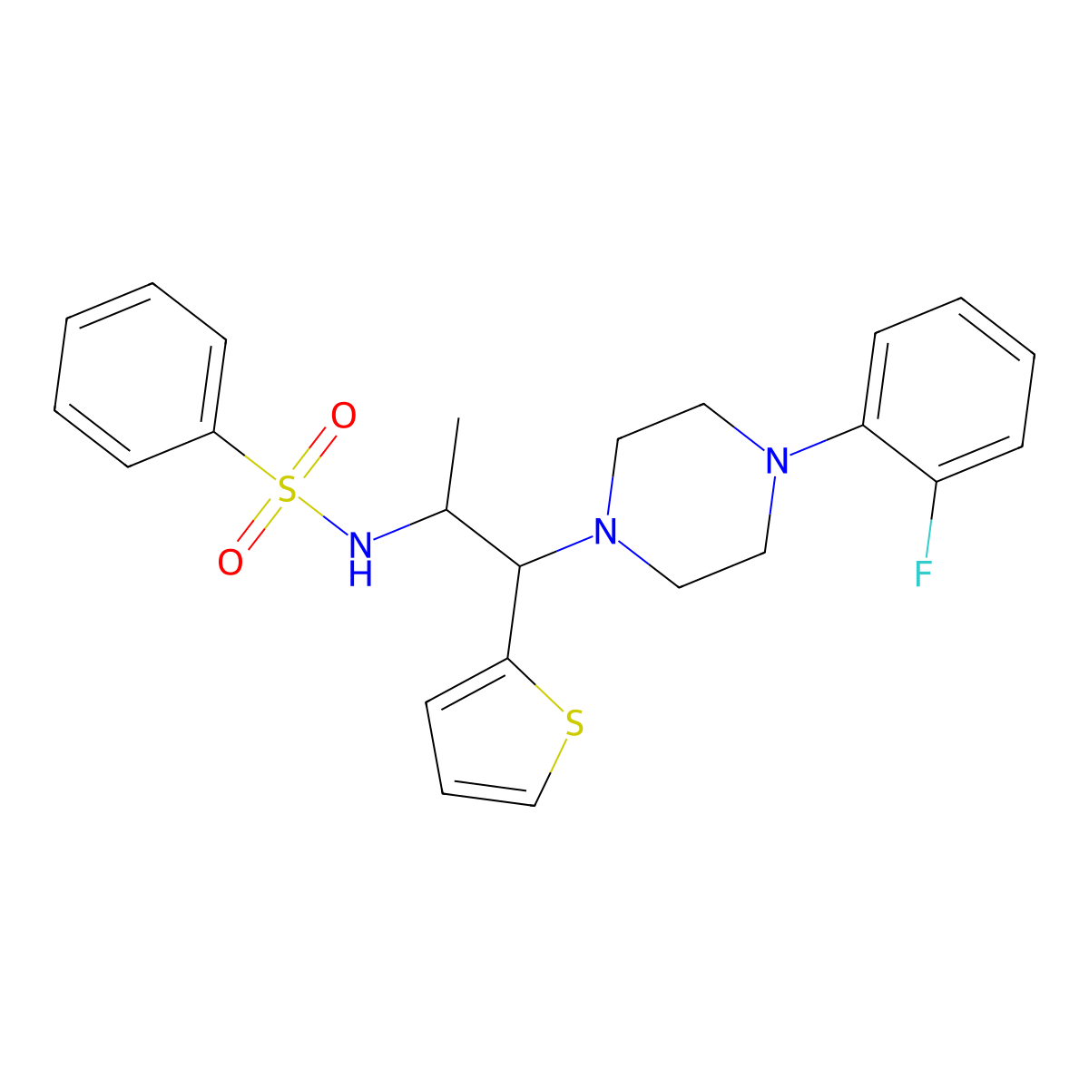 N-(1-(4-(2-fluorophenyl)piperazin-1-yl)-1-(thiophen-2-yl)propan-2-yl)benzenesulfonamide molecular structure, CAS 847381-27-5
