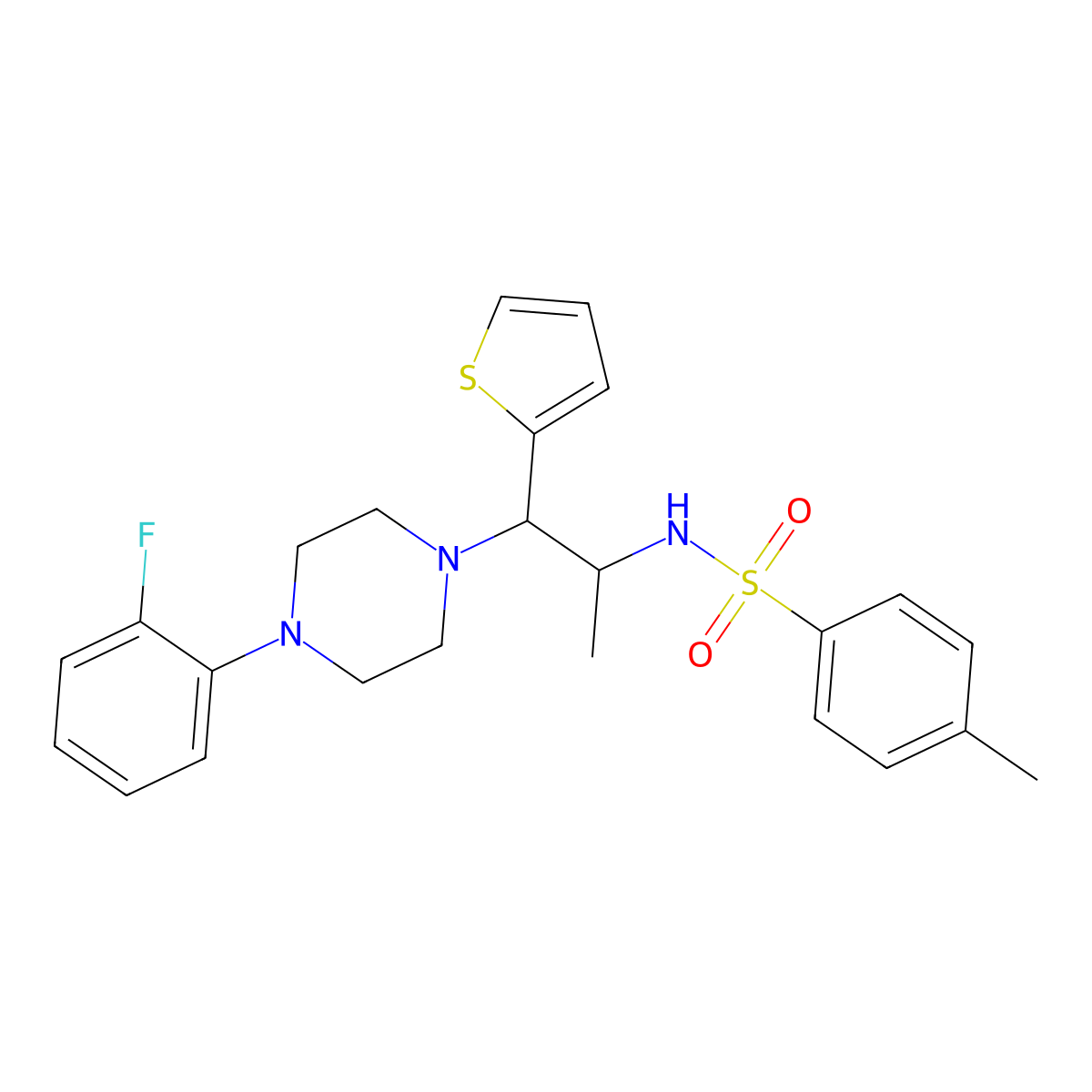 N-{1-[4-(2-fluorophenyl)piperazin-1-yl]-1-(thiophen-2-yl)propan-2-yl}-4-methylbenzene-1-sulfonamide molecular structure, CAS 847381-28-6
