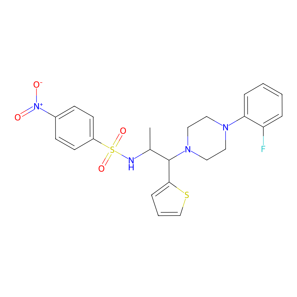 N-(1-(4-(2-fluorophenyl)piperazin-1-yl)-1-(thiophen-2-yl)propan-2-yl)-4-nitrobenzenesulfonamide molecular structure, CAS 847381-31-1