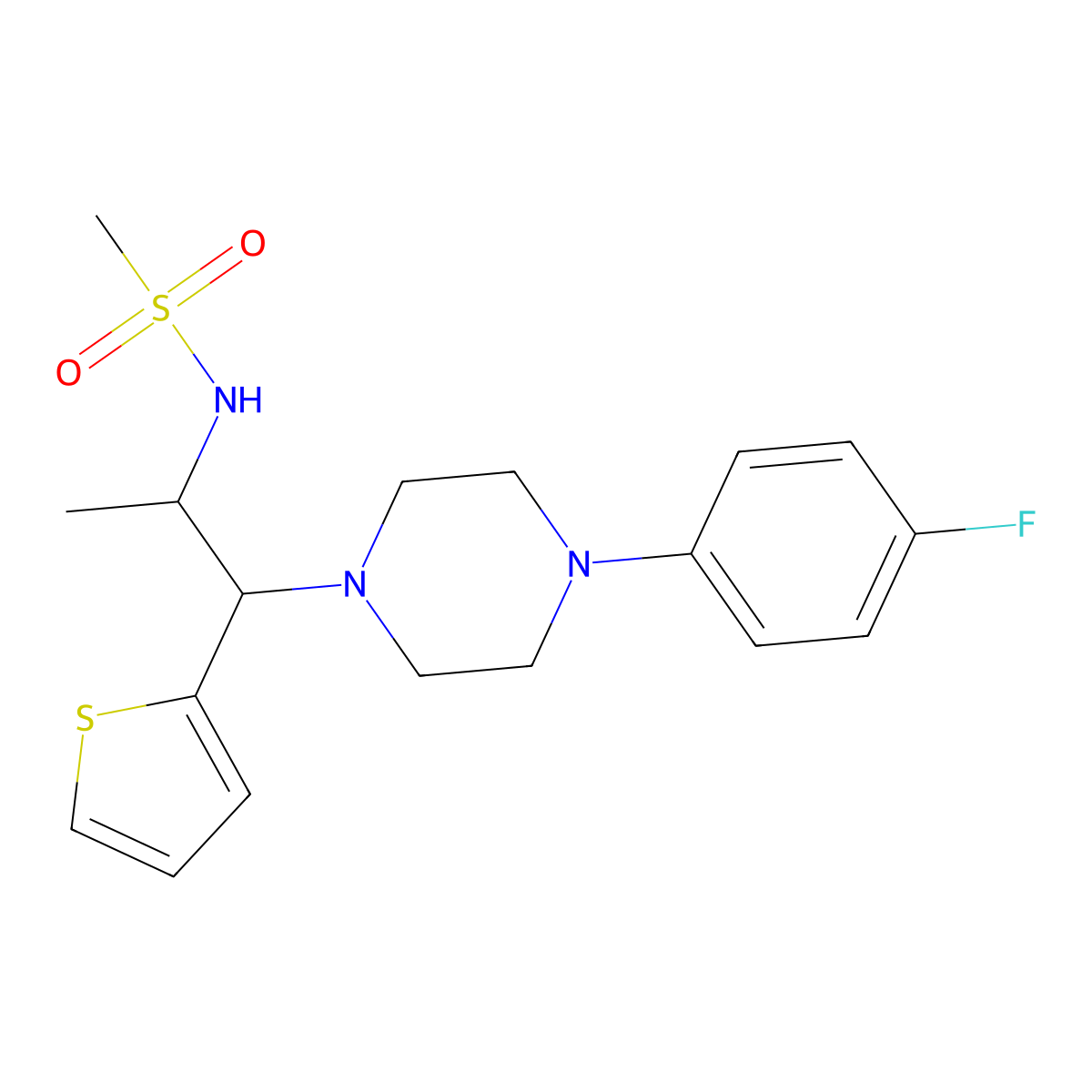 N-[1-[4-(4-fluorophenyl)piperazin-1-yl]-1-thiophen-2-ylpropan-2-yl]methanesulfonamide molecular structure, CAS 847381-32-2
