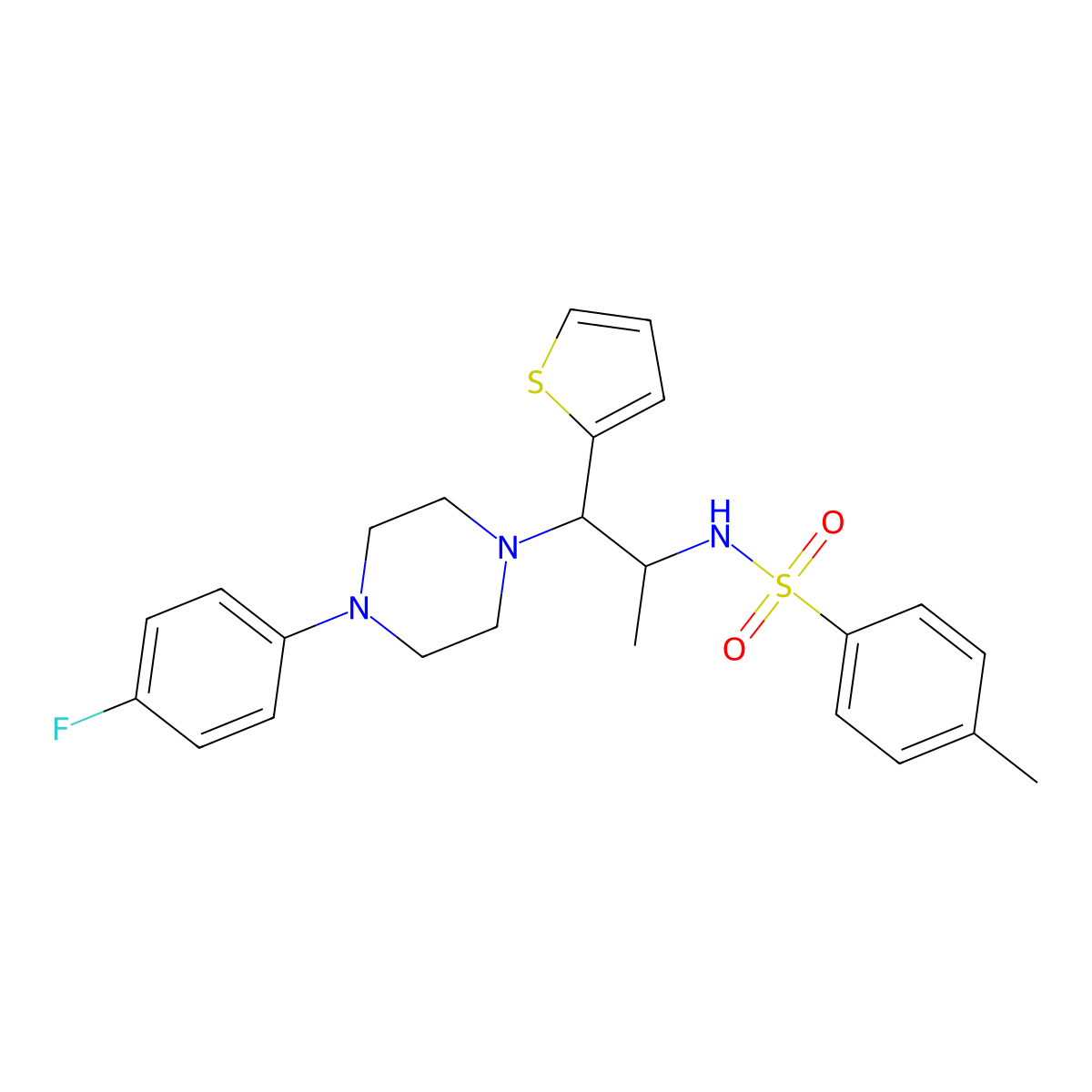 N-(1-(4-(4-fluorophenyl)piperazin-1-yl)-1-(thiophen-2-yl)propan-2-yl)-4-methylbenzenesulfonamide molecular structure, CAS 847381-35-5