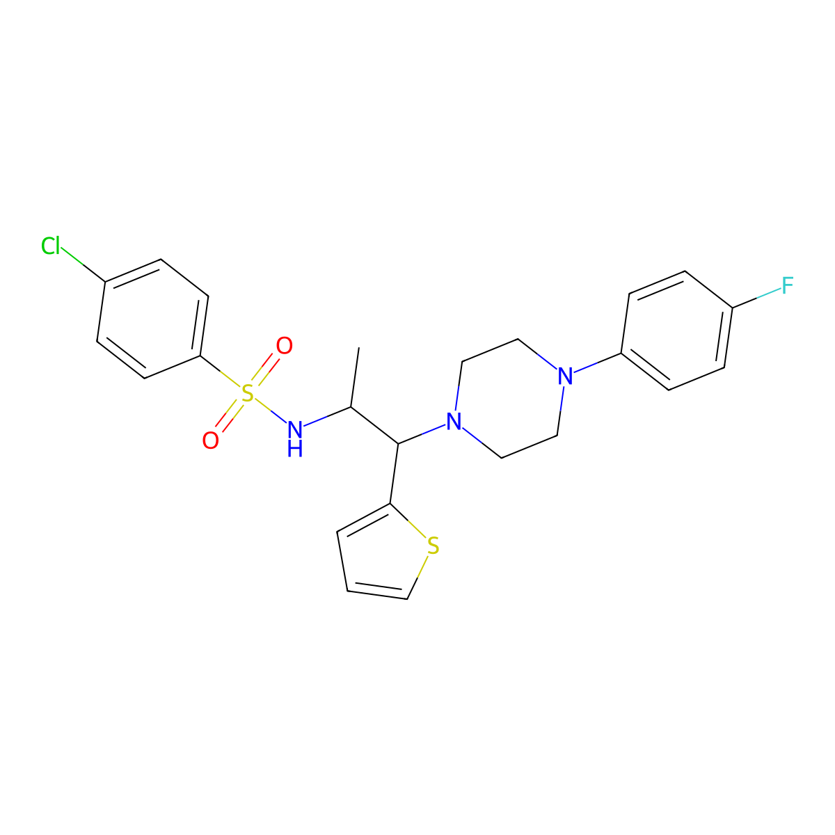 4-chloro-N-(1-(4-(4-fluorophenyl)piperazin-1-yl)-1-(thiophen-2-yl)propan-2-yl)benzenesulfonamide molecular structure, CAS 847381-36-6