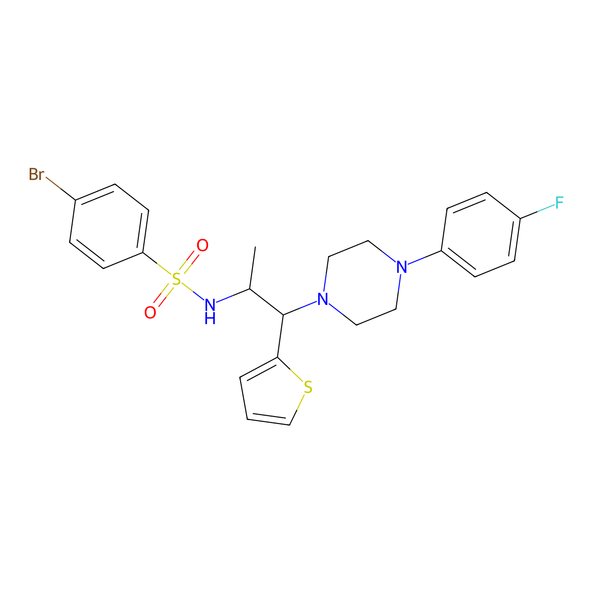 4-bromo-N-(1-(4-(4-fluorophenyl)piperazin-1-yl)-1-(thiophen-2-yl)propan-2-yl)benzenesulfonamide molecular structure, CAS 847381-37-7
