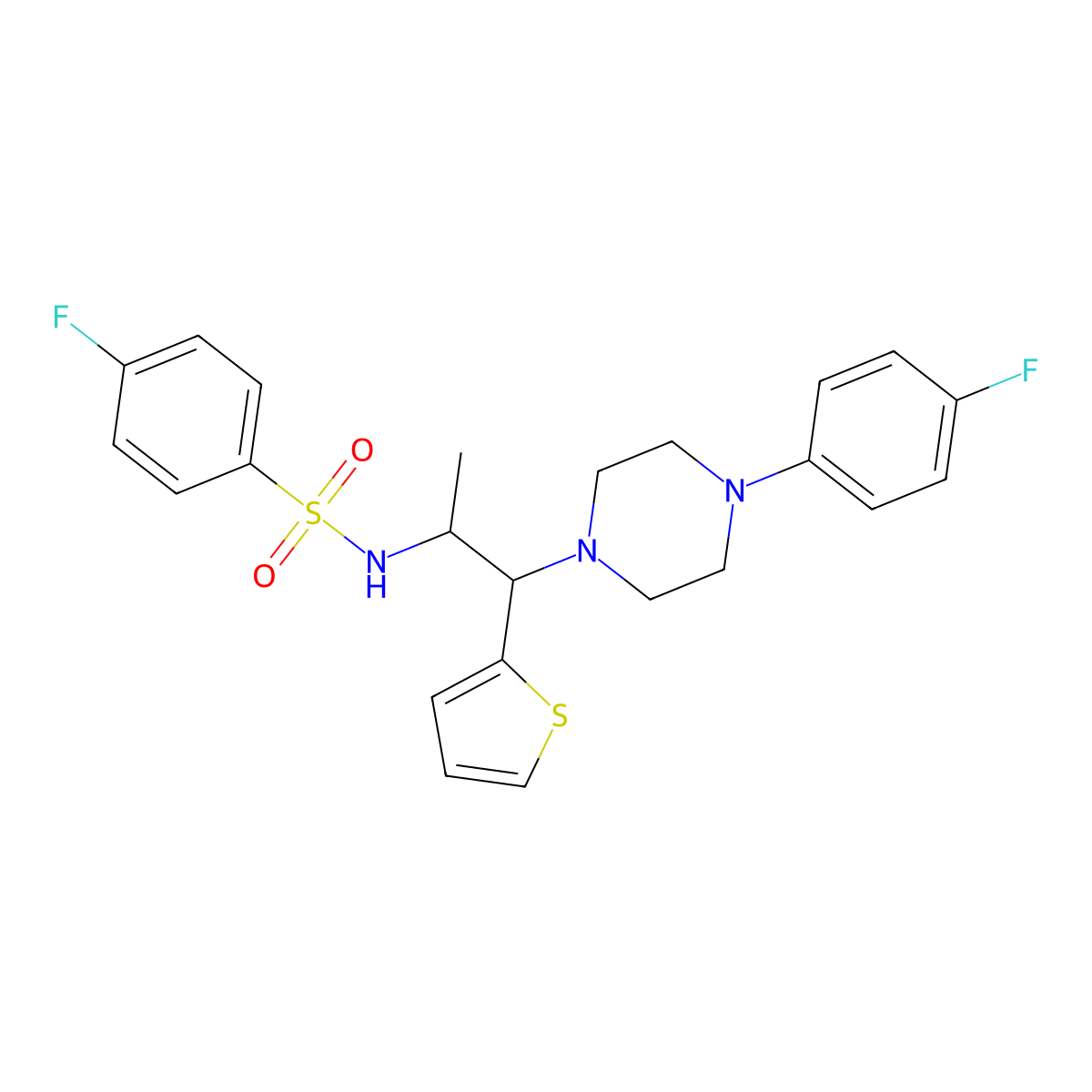 4-fluoro-N-(1-(4-(4-fluorophenyl)piperazin-1-yl)-1-(thiophen-2-yl)propan-2-yl)benzenesulfonamide molecular structure, CAS 847381-38-8