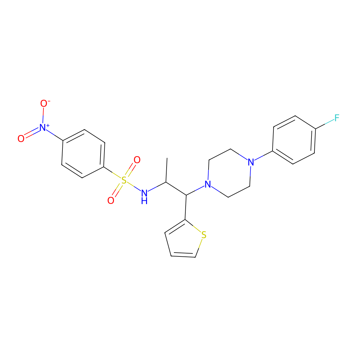 N-(1-(4-(4-fluorophenyl)piperazin-1-yl)-1-(thiophen-2-yl)propan-2-yl)-4-nitrobenzenesulfonamide molecular structure, CAS 847381-39-9