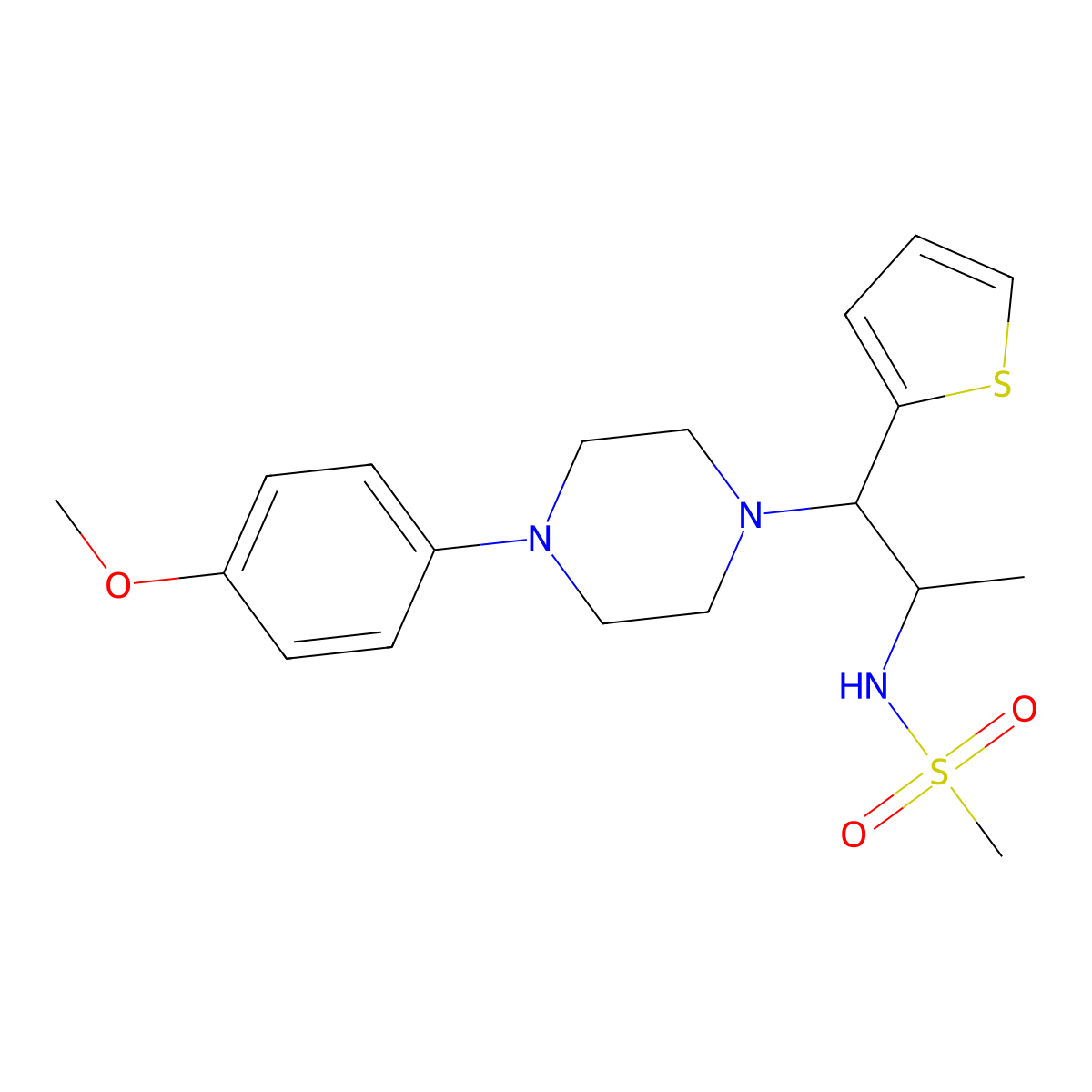 N-(1-(4-(4-methoxyphenyl)piperazin-1-yl)-1-(thiophen-2-yl)propan-2-yl)methanesulfonamide molecular structure, CAS 847381-40-2