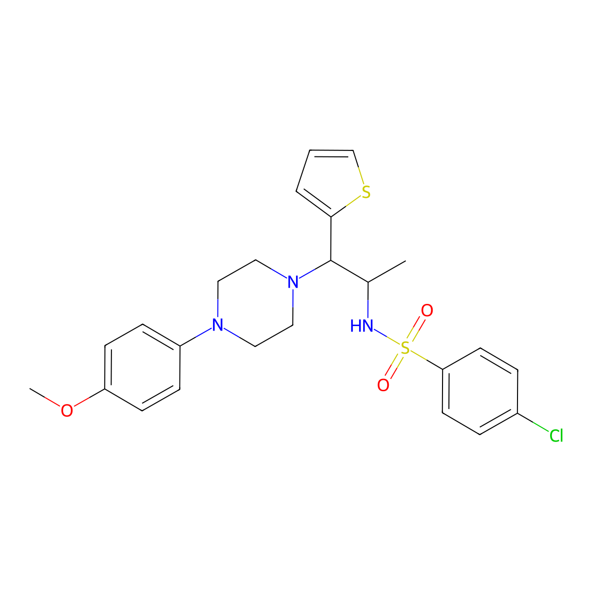 4-chloro-N-(1-(4-(4-methoxyphenyl)piperazin-1-yl)-1-(thiophen-2-yl)propan-2-yl)benzenesulfonamide molecular structure, CAS 847381-44-6