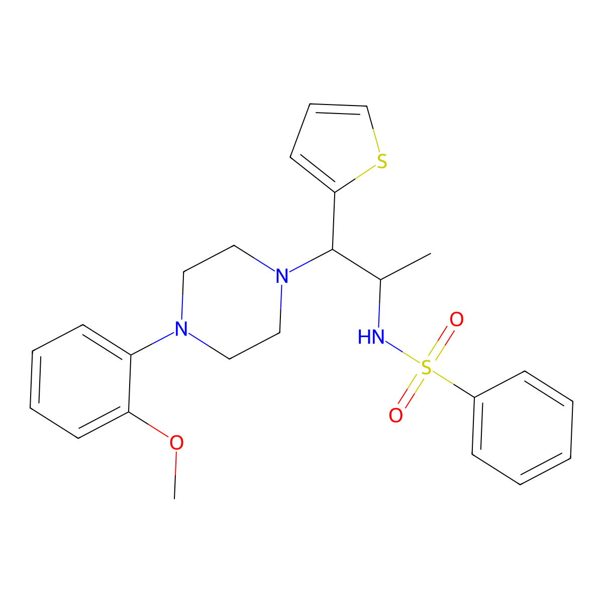 N-[1-[4-(2-methoxyphenyl)-1-piperazinyl]-1-thiophen-2-ylpropan-2-yl]benzenesulfonamide molecular structure, CAS 847381-47-9