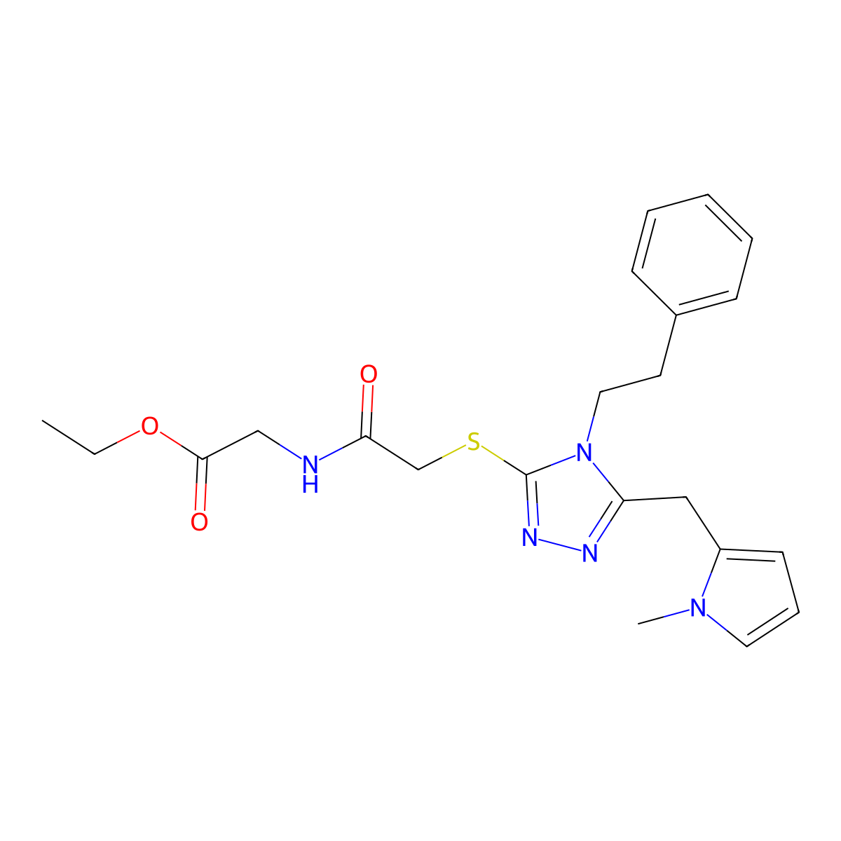ethyl 2-(2-((5-((1-methyl-1H-pyrrol-2-yl)methyl)-4-phenethyl-4H-1,2,4-triazol-3-yl)thio)acetamido)acetate molecular structure, CAS 847390-82-3