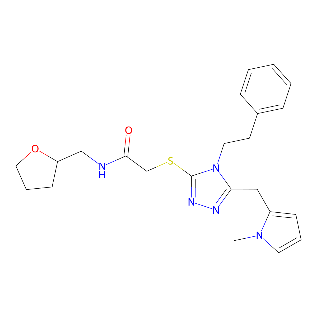 2-{[5-[(1-methyl-1H-pyrrol-2-yl)methyl]-4-(2-phenylethyl)-4H-1,2,4-triazol-3-yl]thio}-N-(tetrahydrofuran-2-ylmethyl)acetamide molecular structure, CAS 847390-88-9