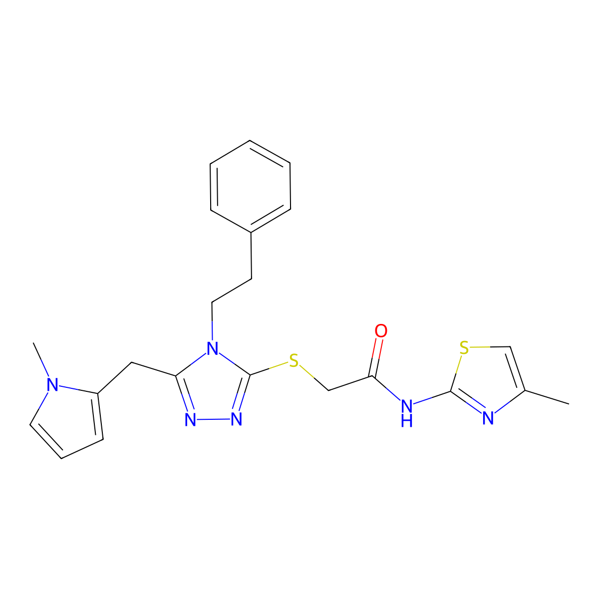 2-((5-((1-methyl-1H-pyrrol-2-yl)methyl)-4-phenethyl-4H-1,2,4-triazol-3-yl)thio)-N-(4-methylthiazol-2-yl)acetamide molecular structure, CAS 847390-92-5