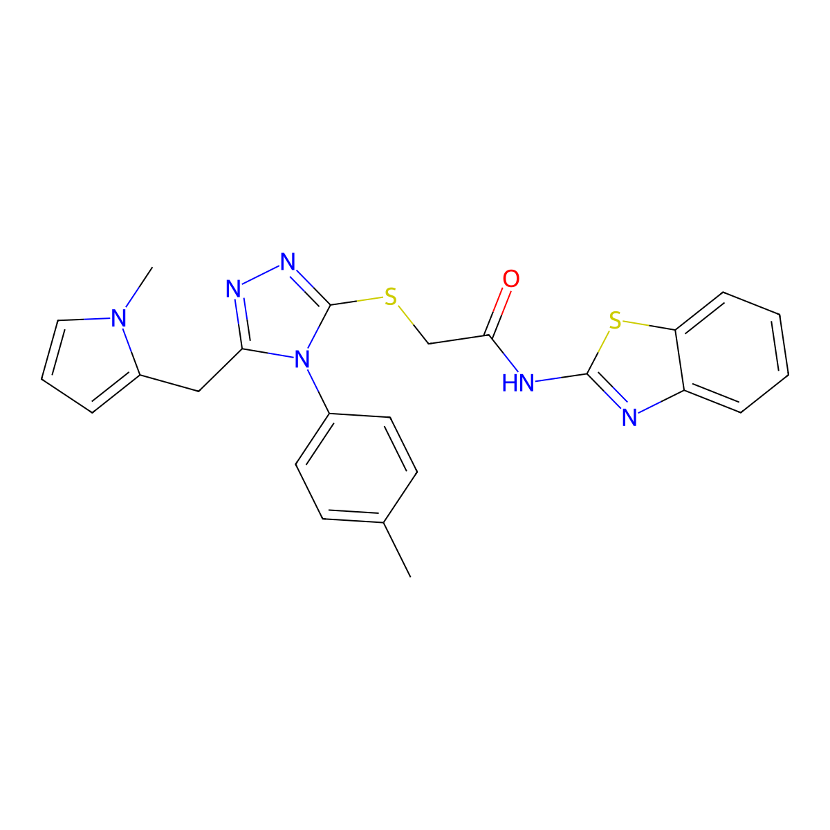 N-(benzo[d]thiazol-2-yl)-2-((5-((1-methyl-1H-pyrrol-2-yl)methyl)-4-(p-tolyl)-4H-1,2,4-triazol-3-yl)thio)acetamide molecular structure, CAS 847391-61-1