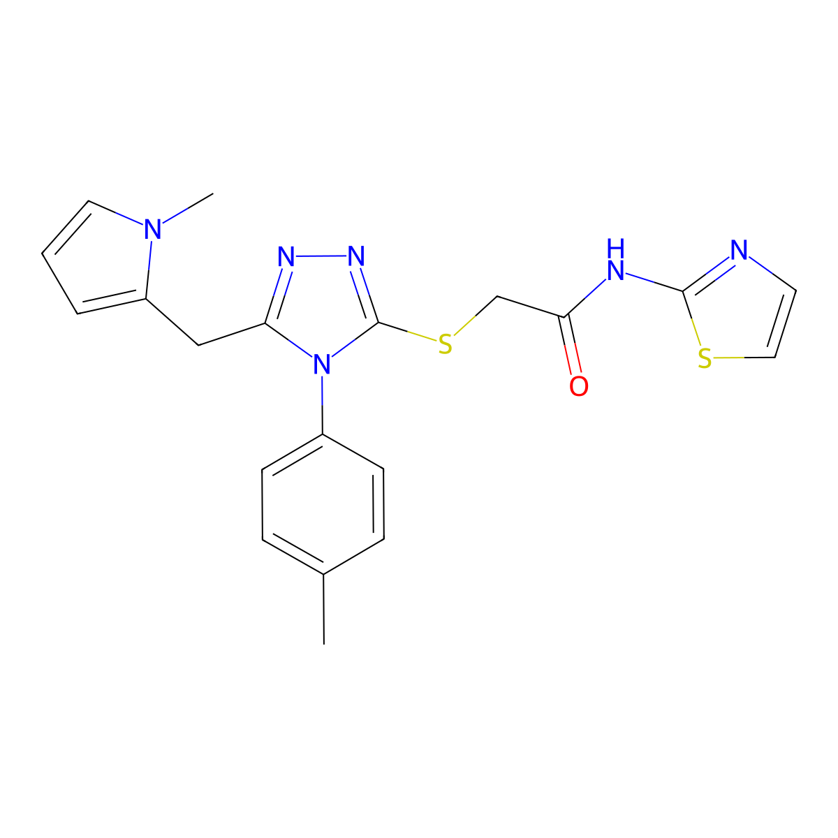 2-((5-((1-methyl-1H-pyrrol-2-yl)methyl)-4-(p-tolyl)-4H-1,2,4-triazol-3-yl)thio)-N-(thiazol-2-yl)acetamide molecular structure, CAS 847392-74-9
