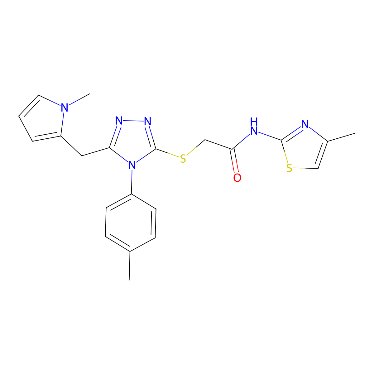 2-((5-((1-methyl-1H-pyrrol-2-yl)methyl)-4-(p-tolyl)-4H-1,2,4-triazol-3-yl)thio)-N-(4-methylthiazol-2-yl)acetamide molecular structure, CAS 847392-75-0