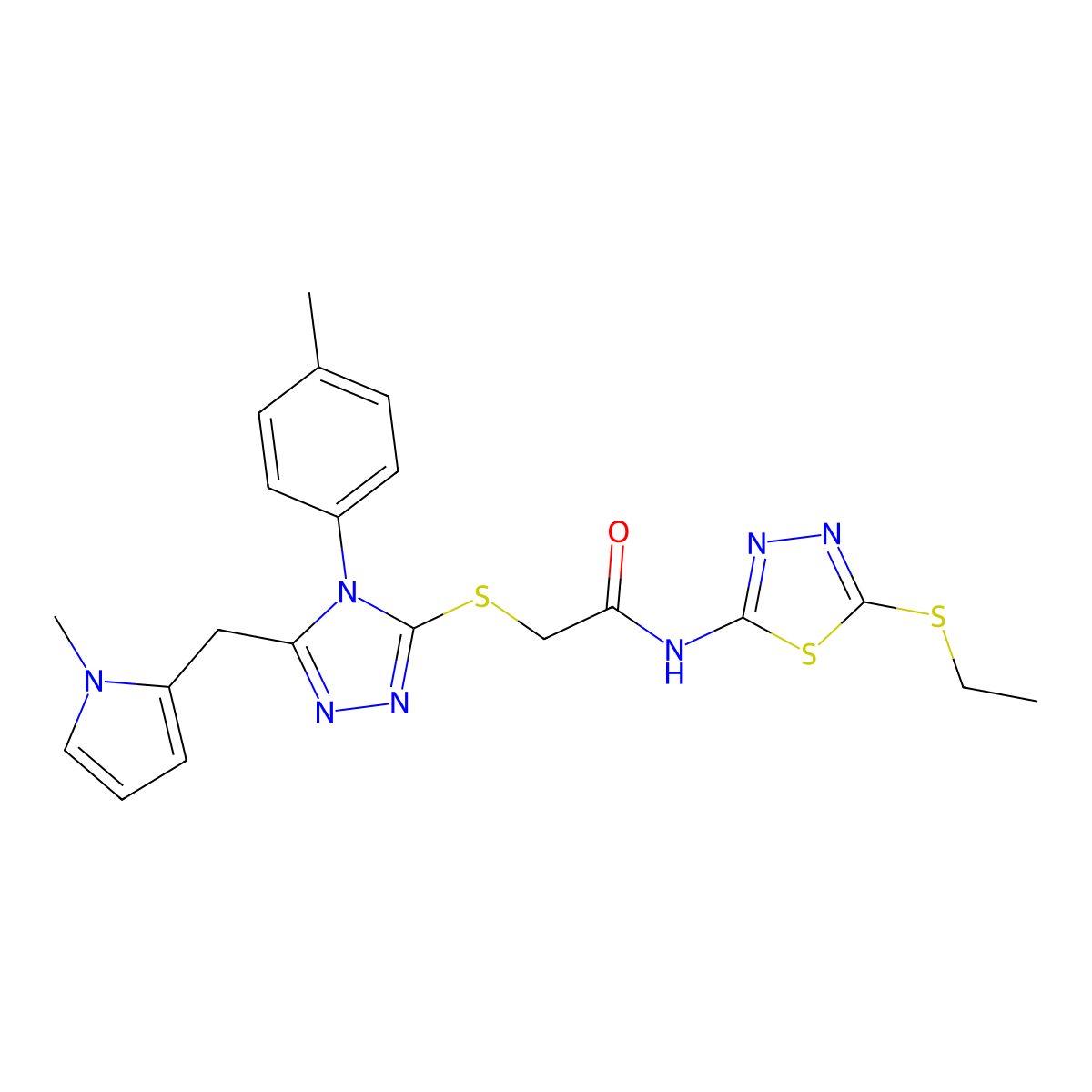 N-(5-ethylsulfanyl-1,3,4-thiadiazol-2-yl)-2-[[4-(4-methylphenyl)-5-[(1-methylpyrrol-2-yl)methyl]-1,2,4-triazol-3-yl]sulfanyl]acetamide molecular structure, CAS 847392-78-3