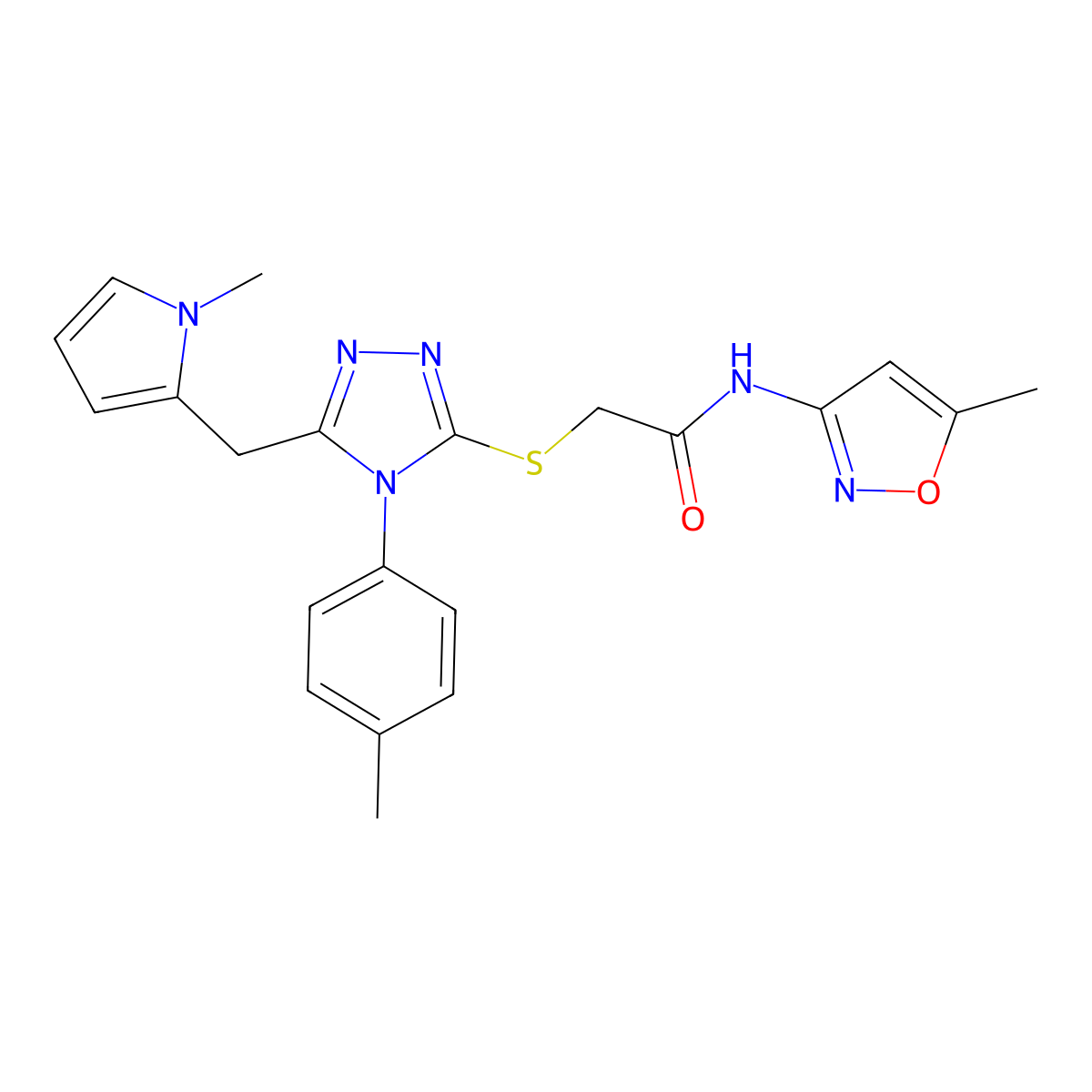 2-((5-((1-methyl-1H-pyrrol-2-yl)methyl)-4-(p-tolyl)-4H-1,2,4-triazol-3-yl)thio)-N-(5-methylisoxazol-3-yl)acetamide molecular structure, CAS 847392-79-4