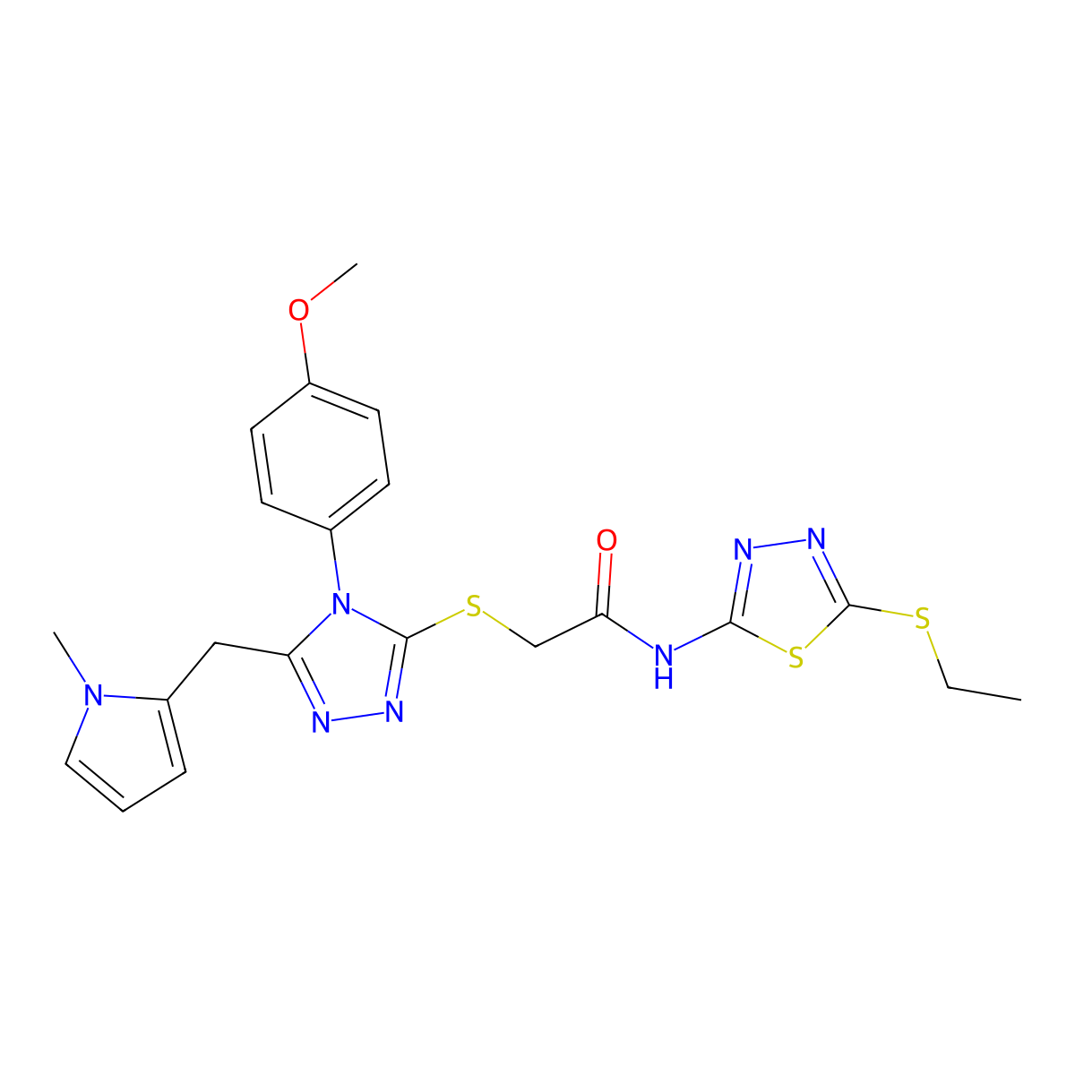 N-(5-(ethylthio)-1,3,4-thiadiazol-2-yl)-2-((4-(4-methoxyphenyl)-5-((1-methyl-1H-pyrrol-2-yl)methyl)-4H-1,2,4-triazol-3-yl)thio)acetamide molecular structure, CAS 847393-49-1